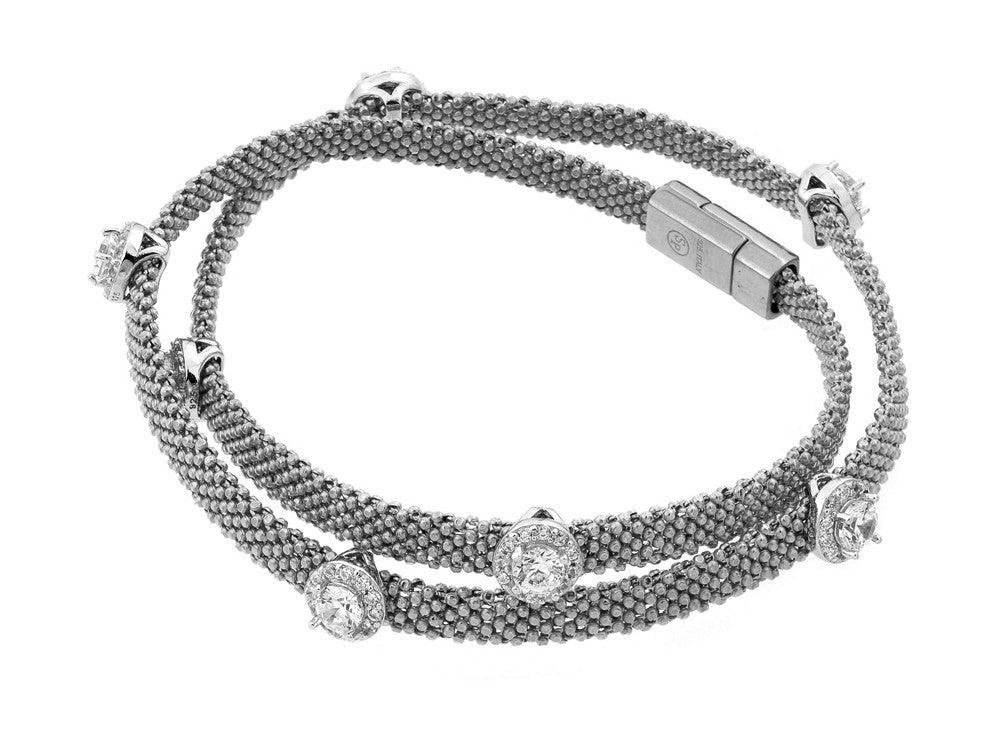 Silver 925 Rhodium Plated Round Clear CZ Double Wrap Beaded Italian Bracelet - PSB000010RH