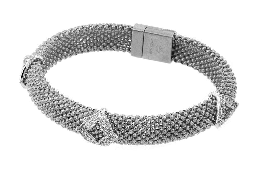 Closeout-Silver 925 Rhodium Plated Micro Pave Diagonal Square Clear CZ Beaded Italian Bracelet - PSB00004