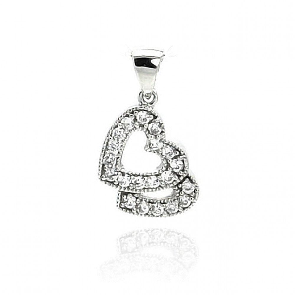 Silver 925 Rhodium Plated Open Two Heart CZ Dangling Pendant - ACP00009