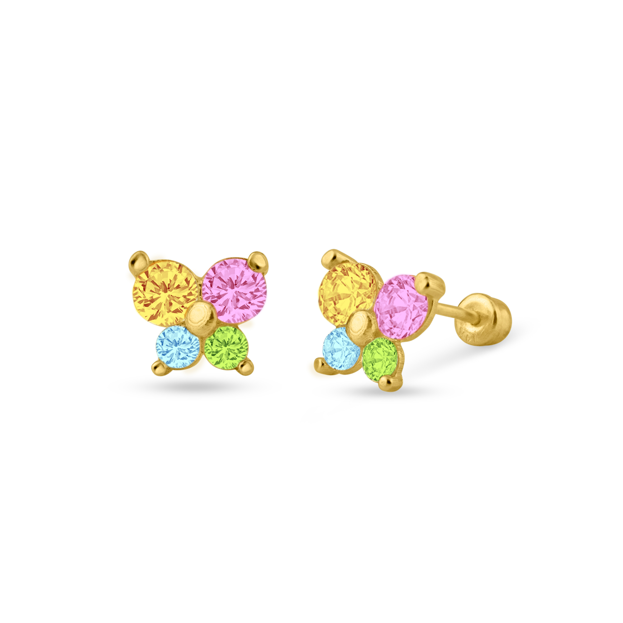 14E00136MUL - 14 Karat Yellow Butterfly Multicolor CZ Screw Back Stud Earrings