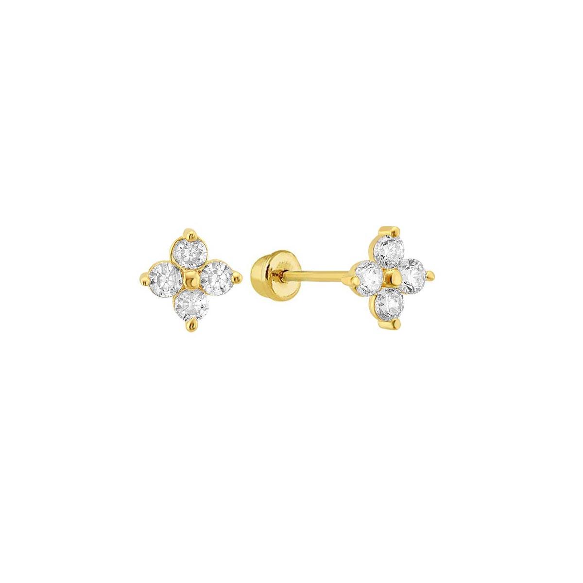 14E00315. - 14 Karat Yellow Gold 4 CZ Flower Screw Back Stud Earring