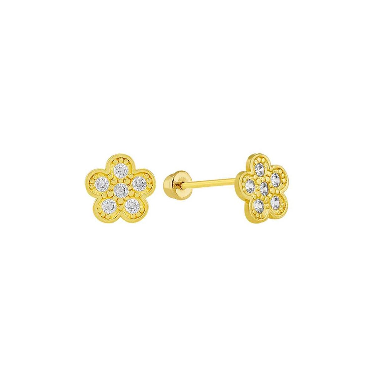 14E00316. - 14 Karat Yellow Gold CZ Flower Screw Back Stud Earring