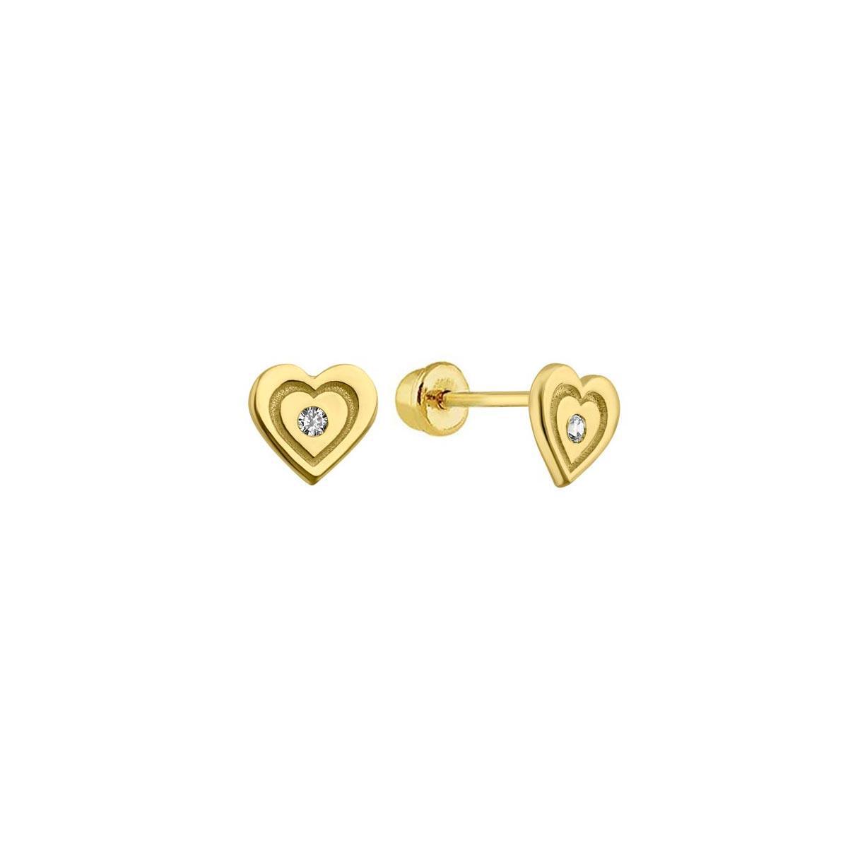 14E00318. - 14 Karat Yellow Gold Double Heart CZ Screw Back Stud Earring