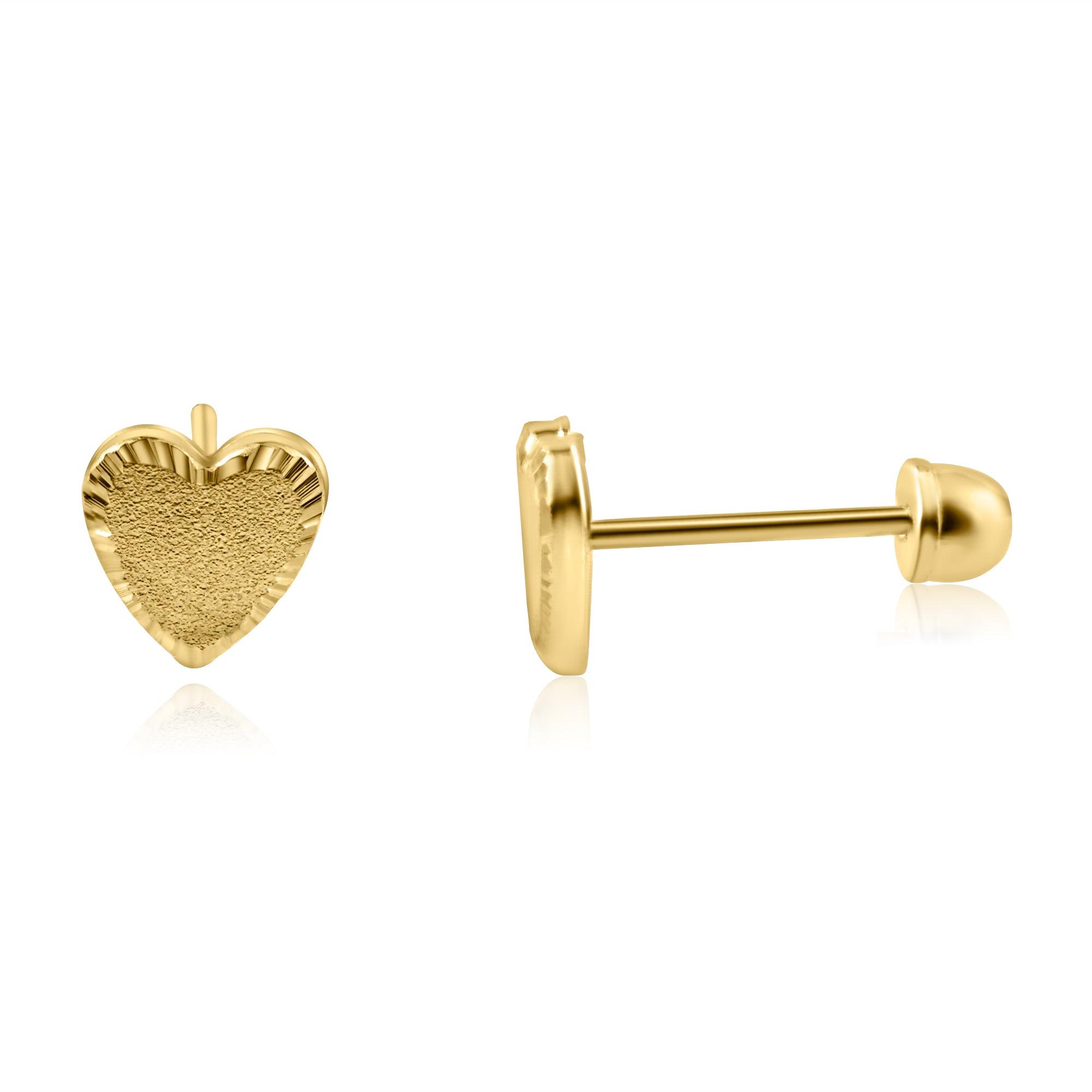 14E00319. - 14 Karat Yellow Gold Diamond Cut  Edge Textured Heart  Screw Back Stud Earring