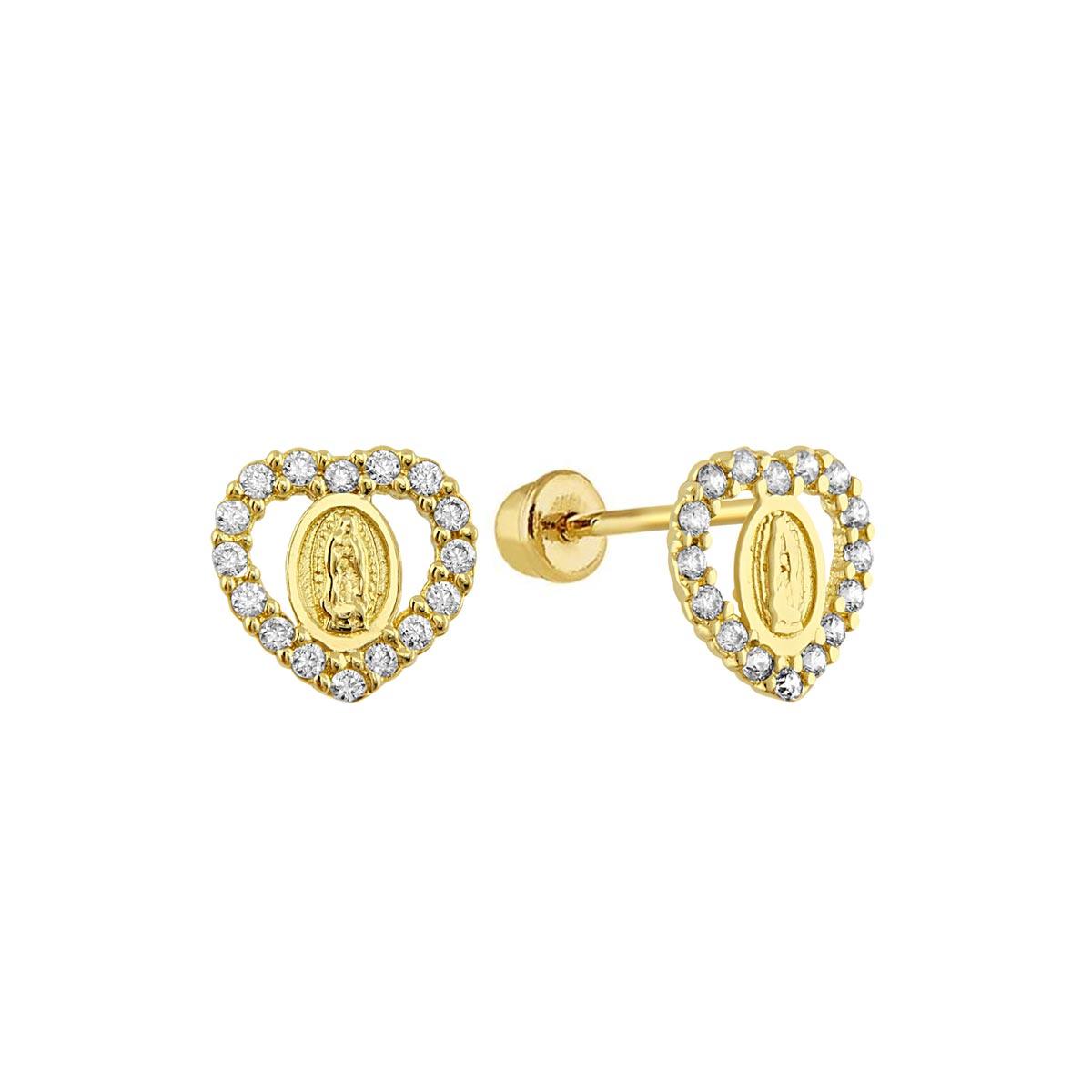 14E00322. - 14 Karat Yellow Gold CZ Heart Guadalupe Screw Back Stud Earring