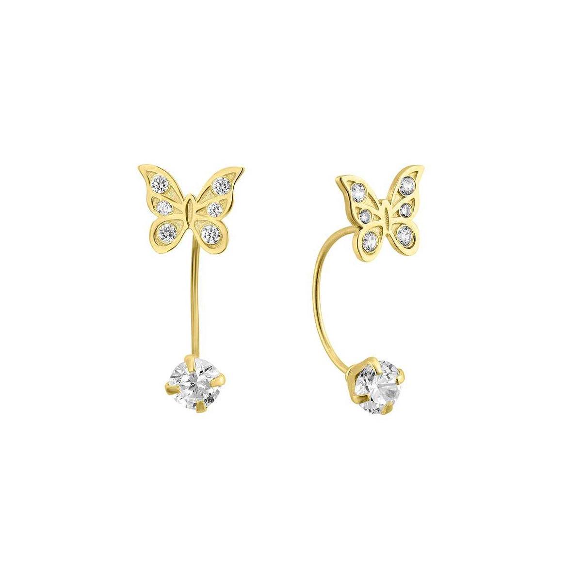 14E00326. - 14 Karat Yellow Gold CZ Front-Back Butterfly Screw Back Earring