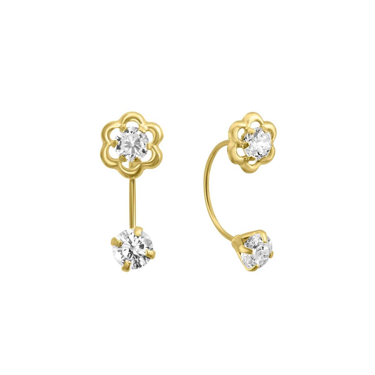 14E00327. - 14 Karat Yellow Gold CZ Front-Back Flower Screw Back Earring