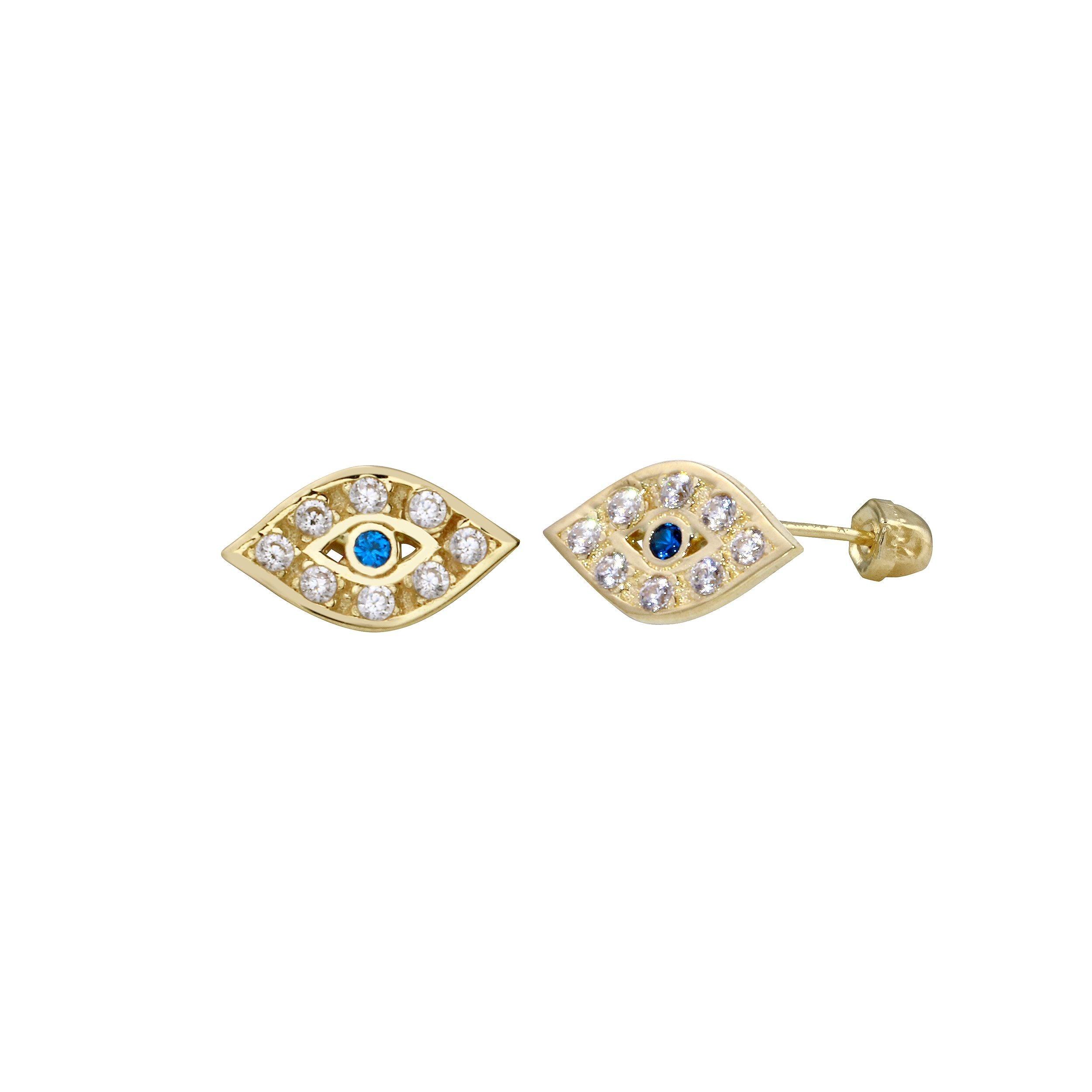 14E00330. - 14 Karat Yellow Gold CZ Evil Eye Screw Back Earring