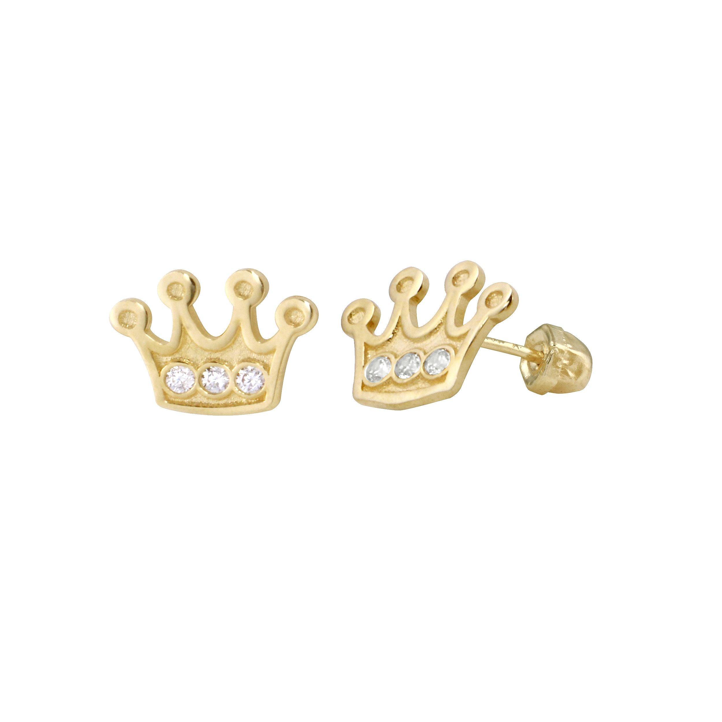 14E00334. - 14 Karat Yellow Gold CZ Crown Screw Back Earring