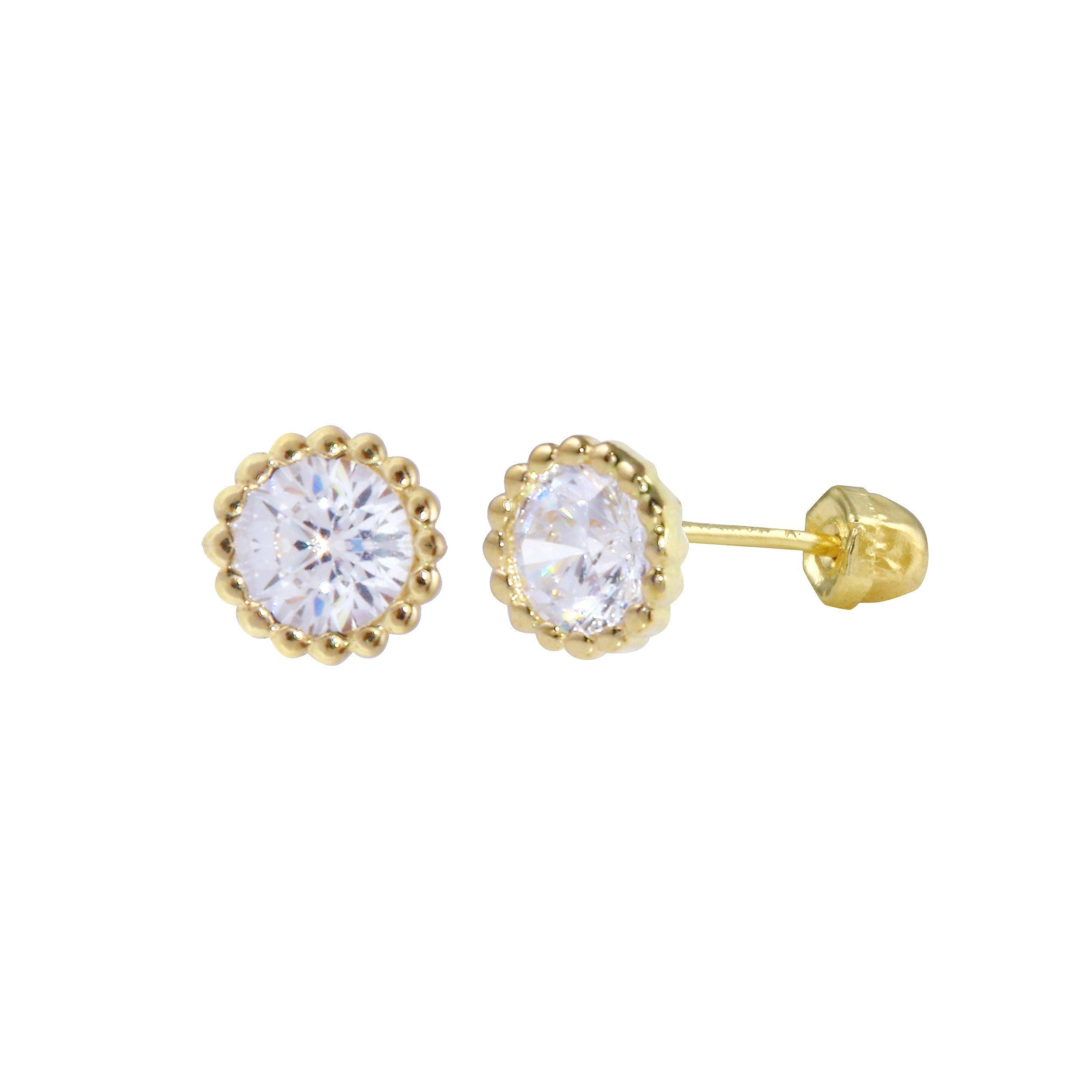 14E00335. - 14 Karat Yellow Gold Beaded Border Round CZ Screw Back Earring