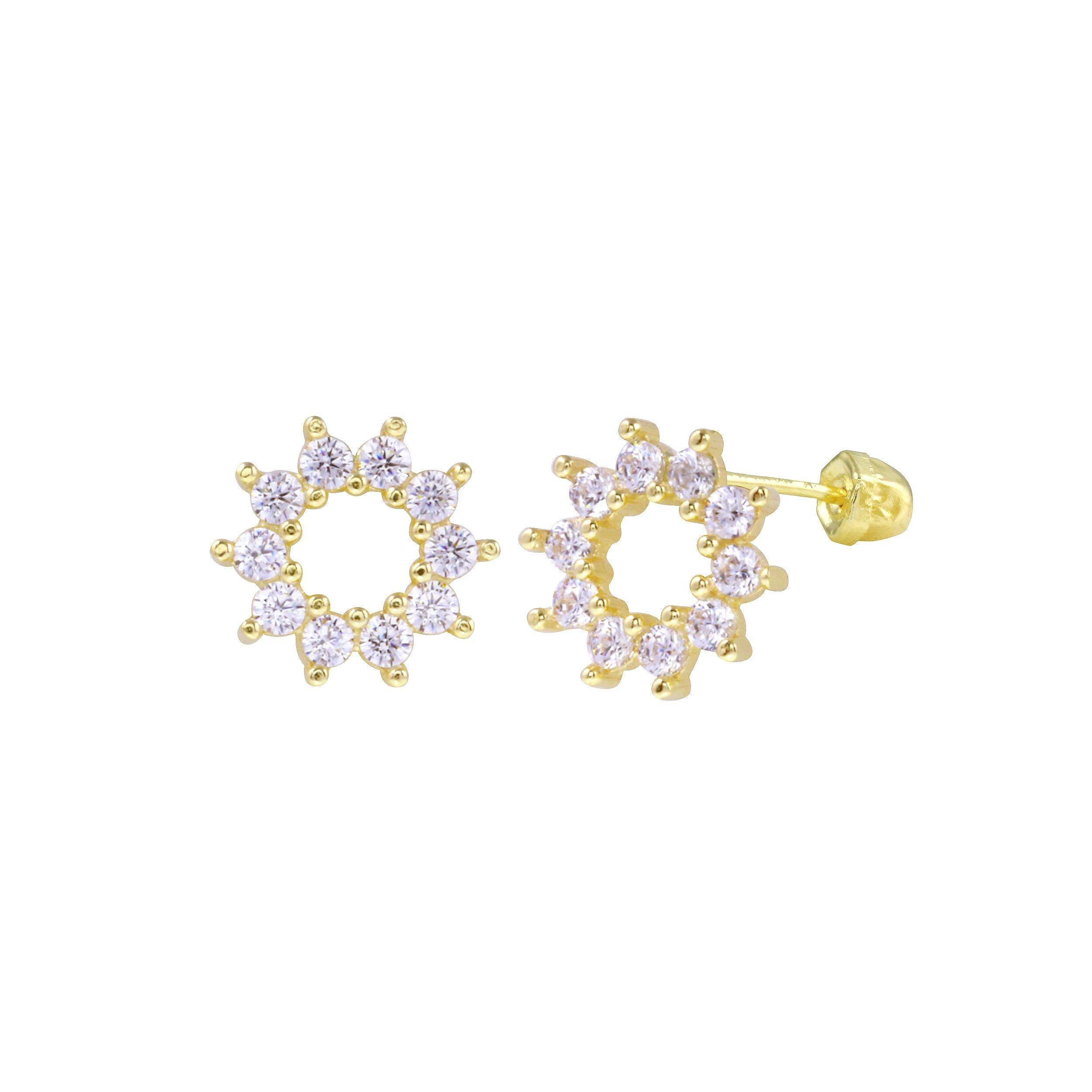 14E00336. - 14 Karat Yellow Gold Open Sunflower CZ Screw Back Earring