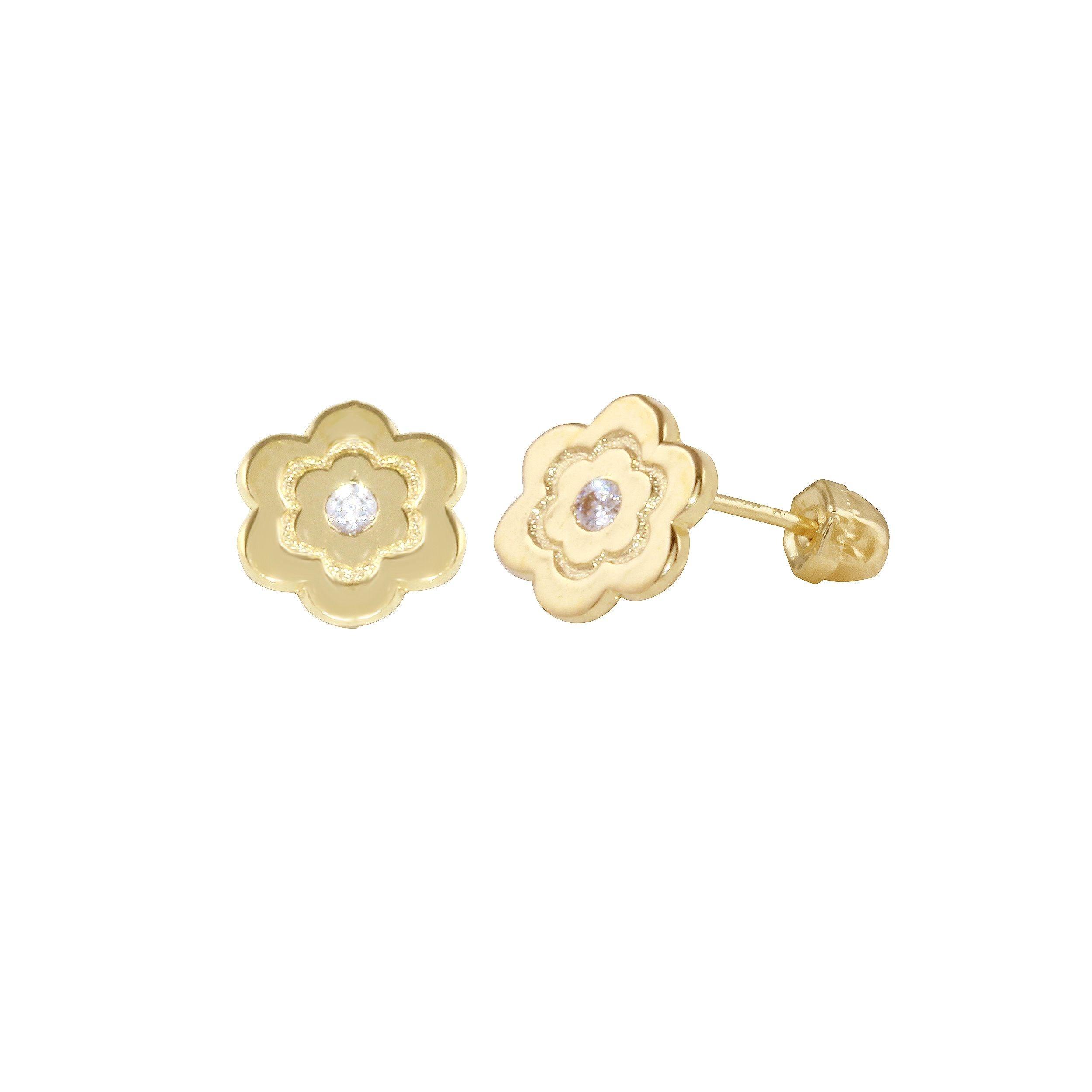 14E00337. - 14 Karat Yellow Gold flower CZ Center Screw Back Earring