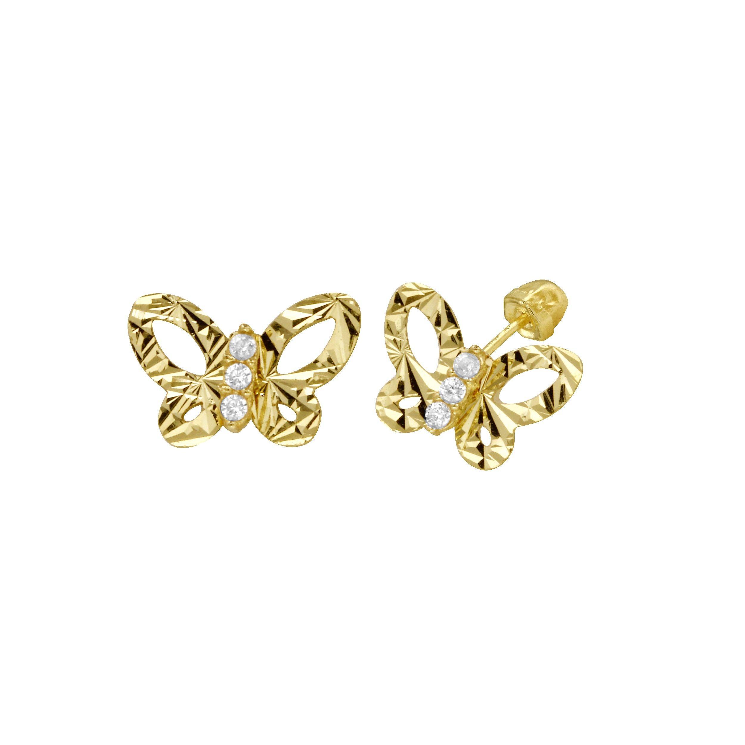 14E00339. - 14 Karat Yellow Gold Butterfly CZ Center Screw Back Earring