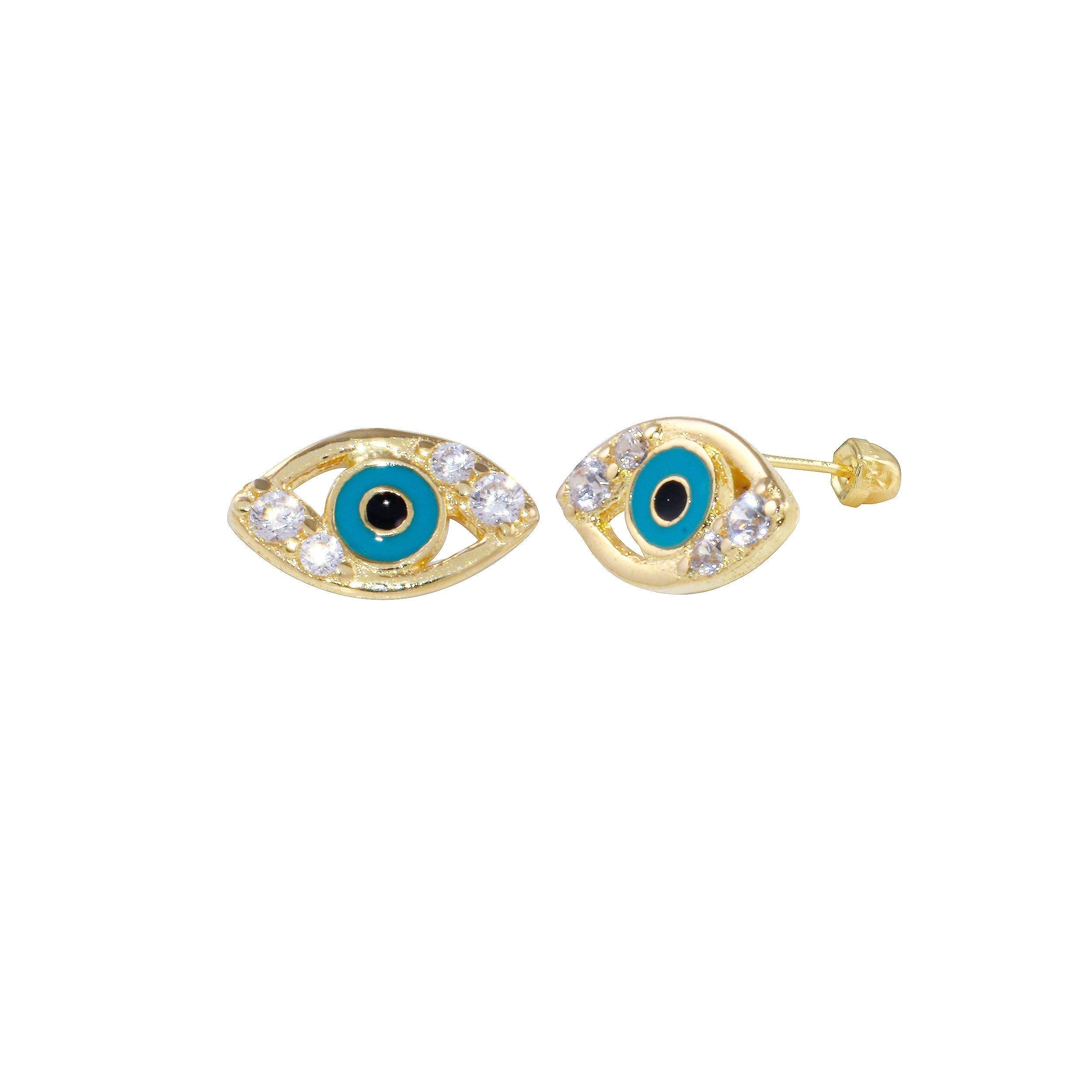 14E00343. - 14 Karat Yellow Gold CZ Evil Eye Screw Back Earring