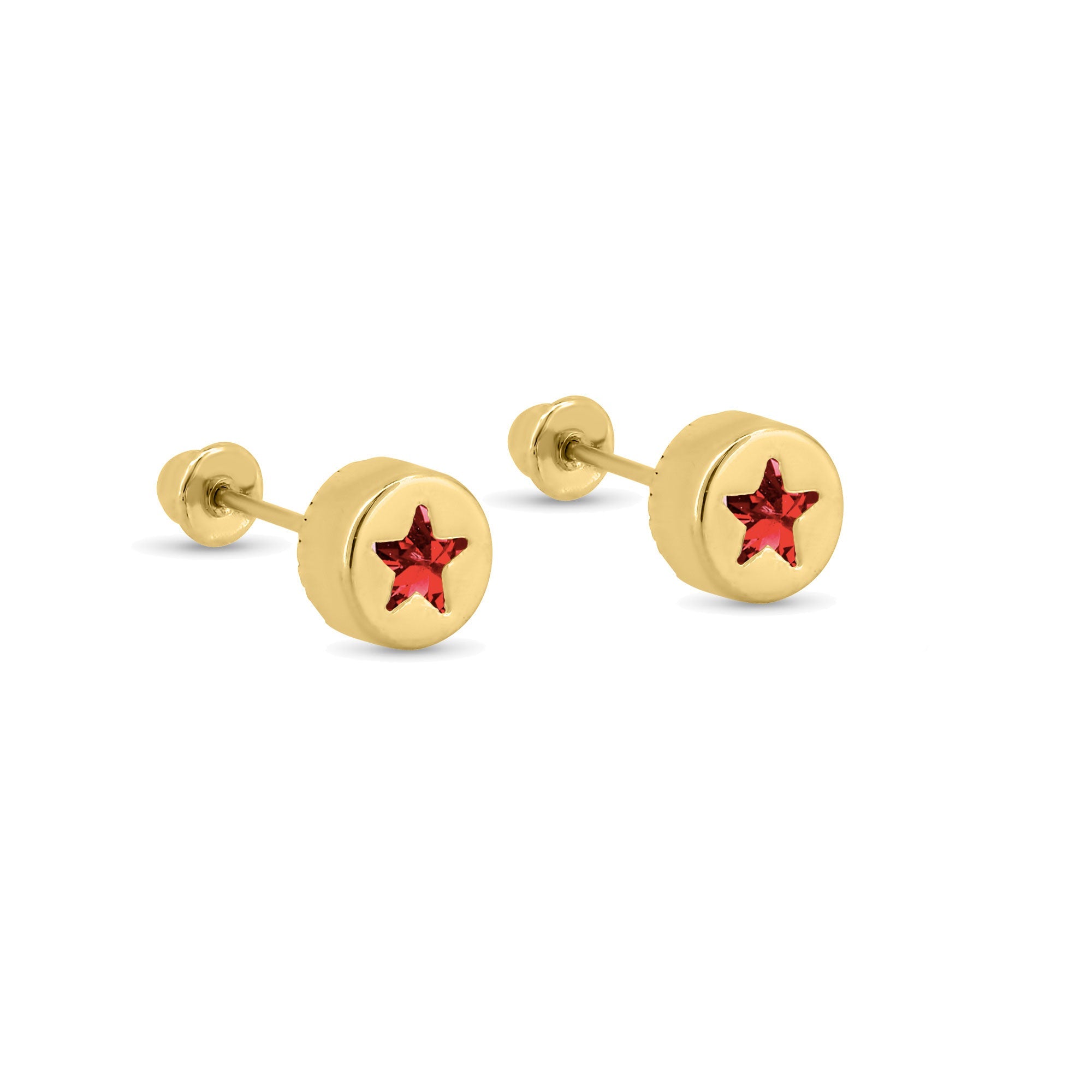 14E00405. - 14 Karat Yellow Gold Round Star Clear, Black, Red or Pink CZ Screw Back Earrings