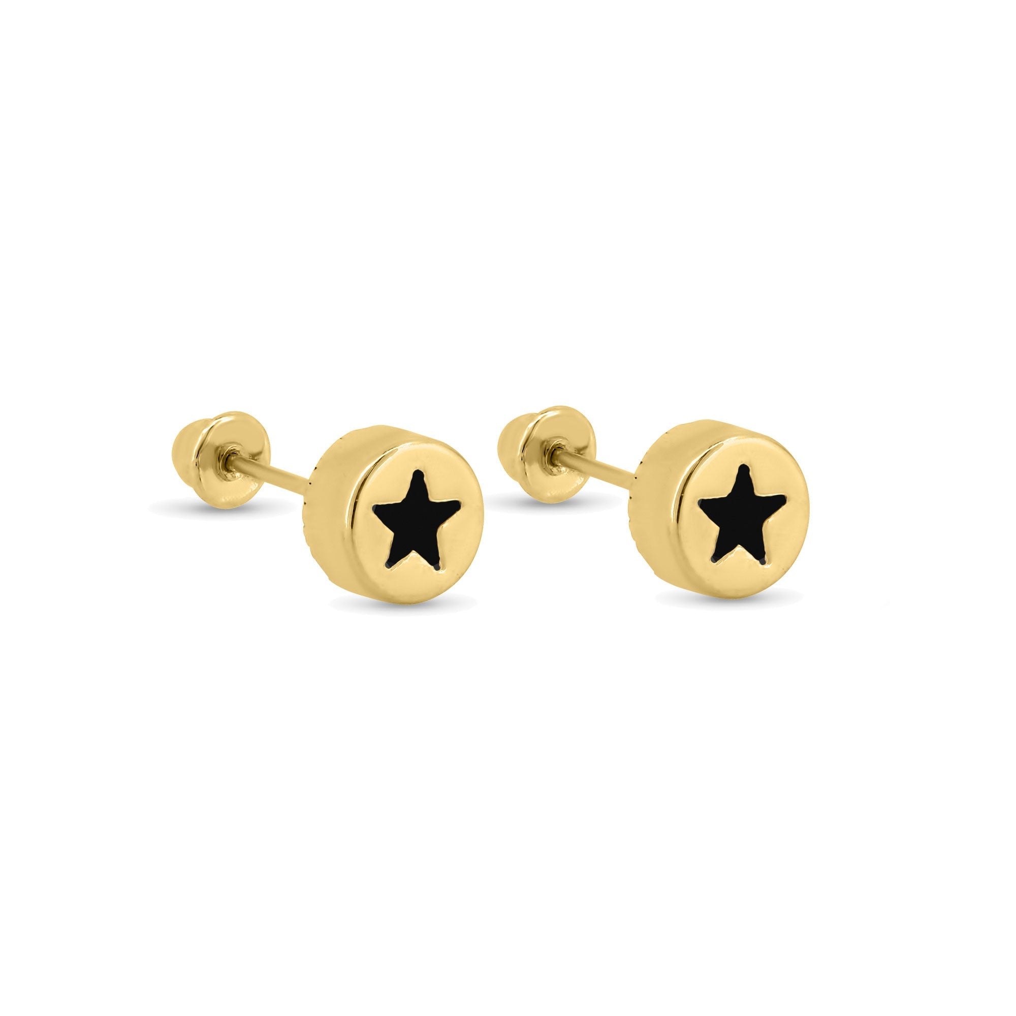 14E00405. - 14 Karat Yellow Gold Round Star Clear, Black, Red or Pink CZ Screw Back Earrings