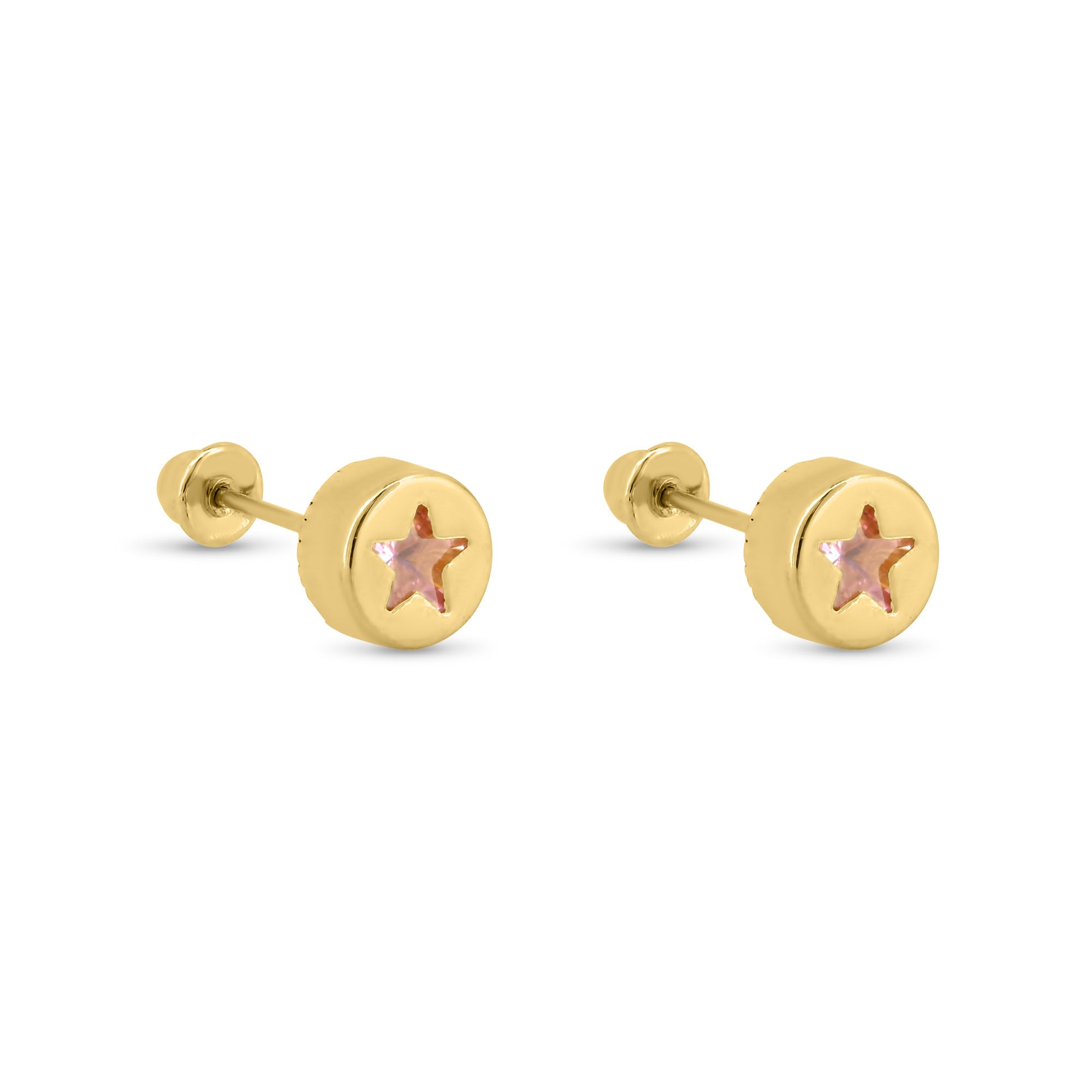 14E00405. - 14 Karat Yellow Gold Round Star Clear, Black, Red or Pink CZ Screw Back Earrings