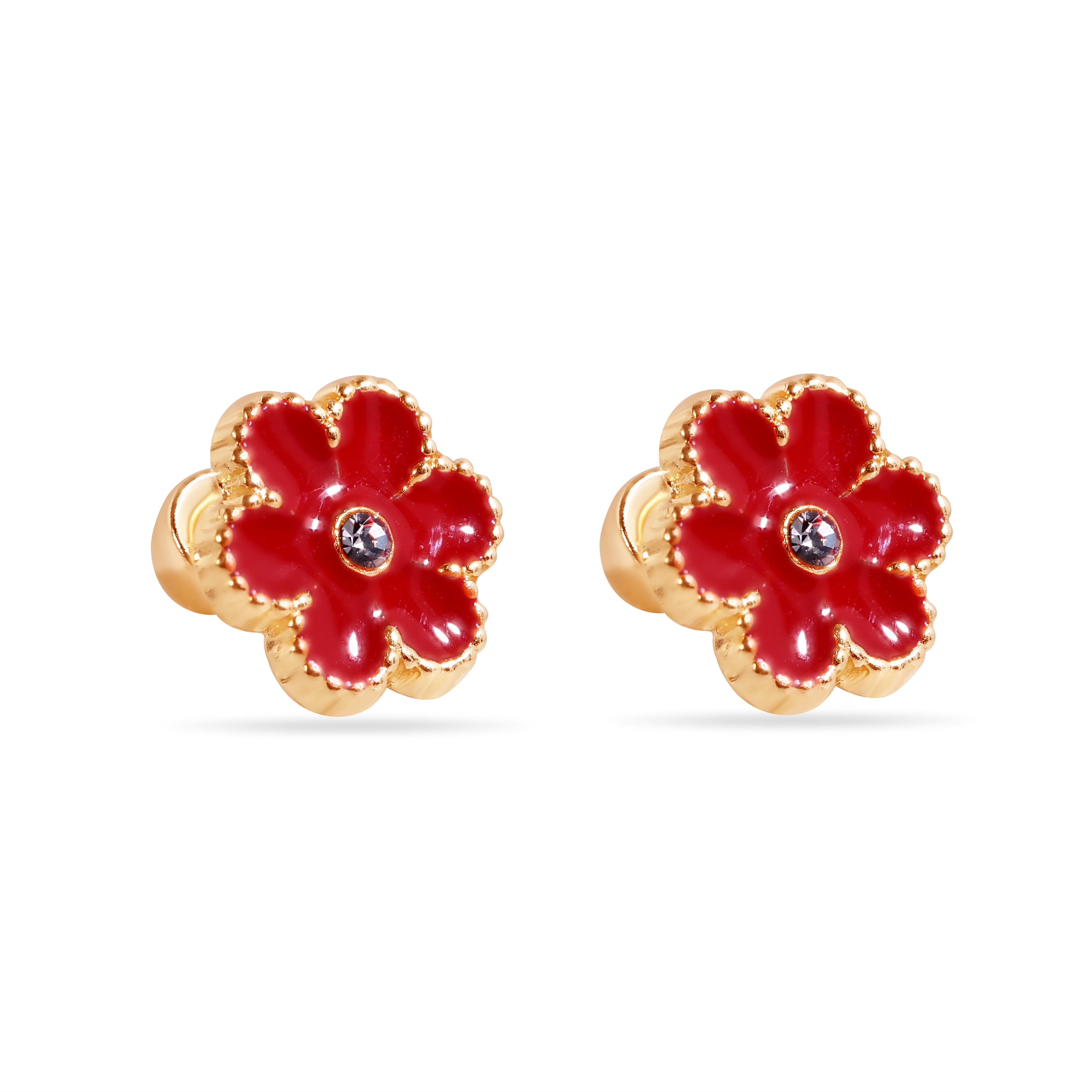 14E00447-RED - 14 Karat Red Flower Enamel 8.5mm Clear CZ Screw Back Earrings