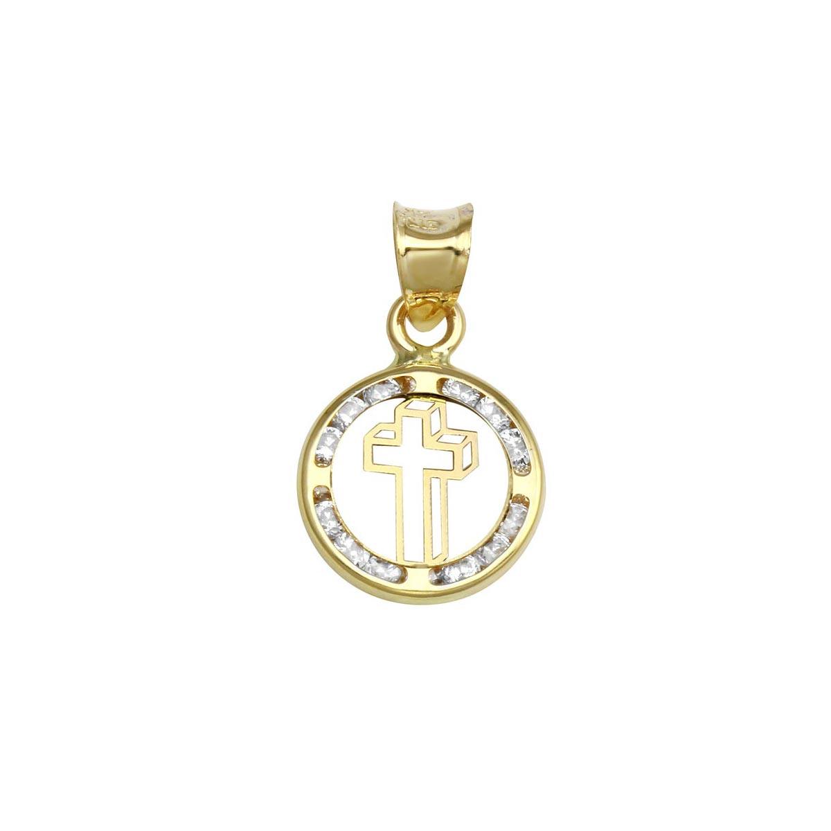 14P00001. - 14 Karat Yellow Gold Disc Open Cross CZ Pendant