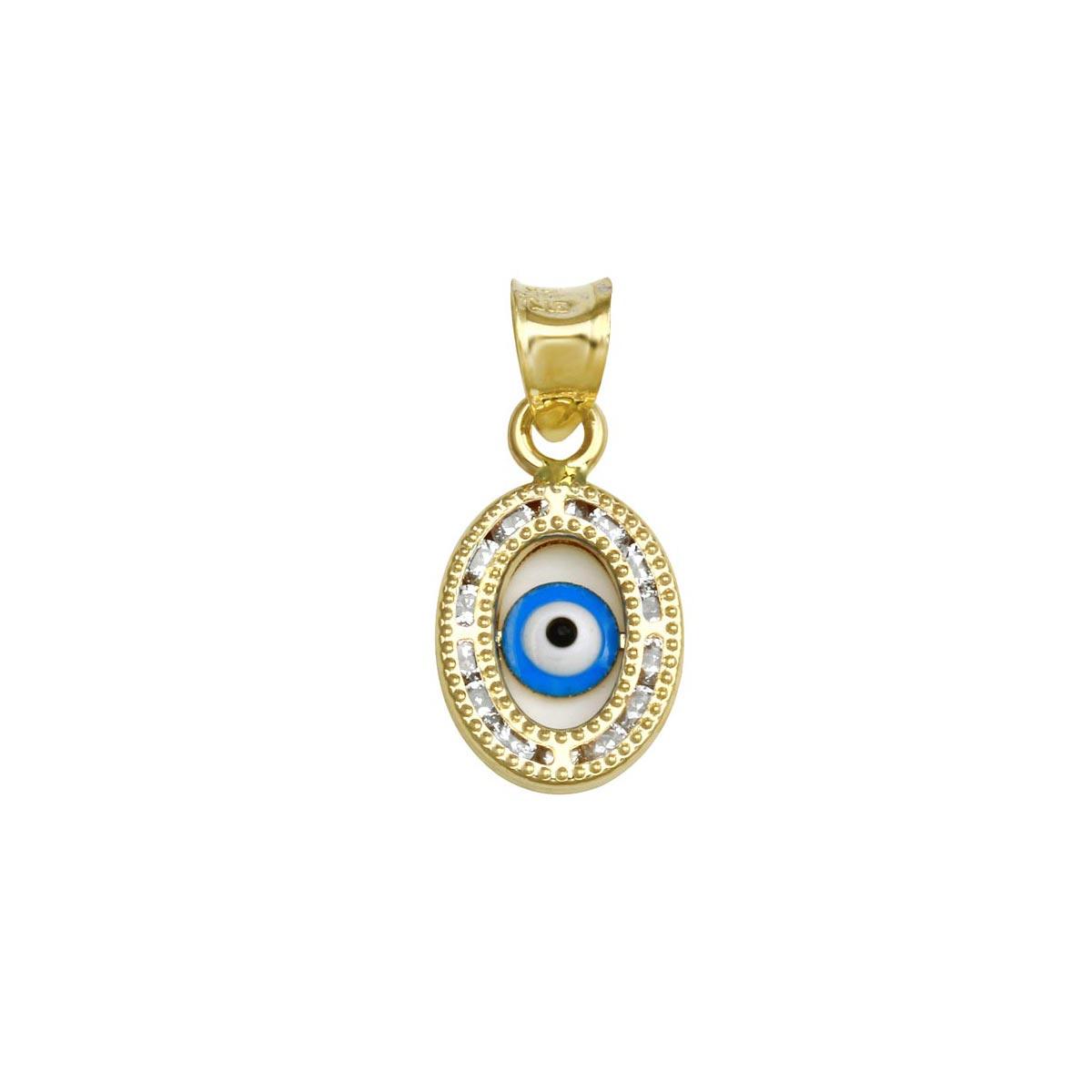 14P00012. - 14 Karat Yellow Gold CZ Oval Disc Evil Eye Pendant