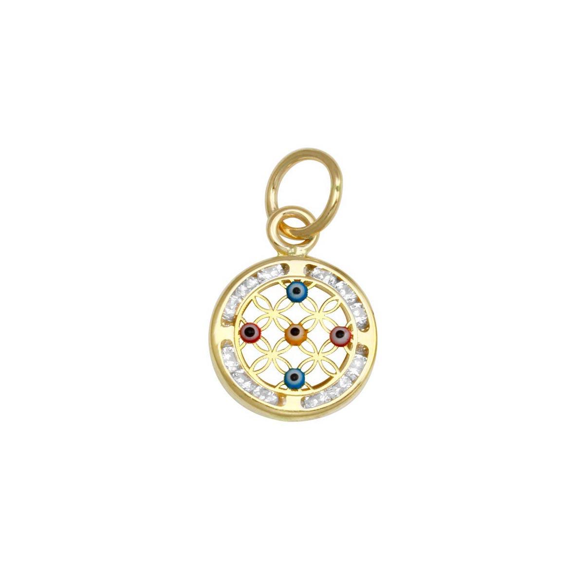 14P00013. - 14 Karat Yellow Gold CZ Disc  5 Evil Eyes Pendant