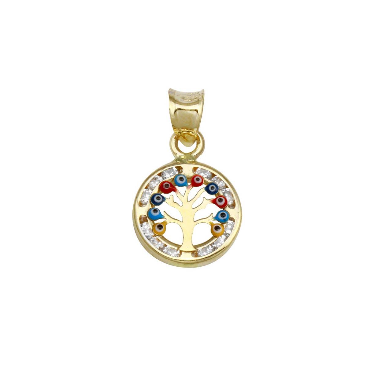 14P00014. - 14 Karat Yellow Gold CZ Disc Evil Eyes Tree Pendant