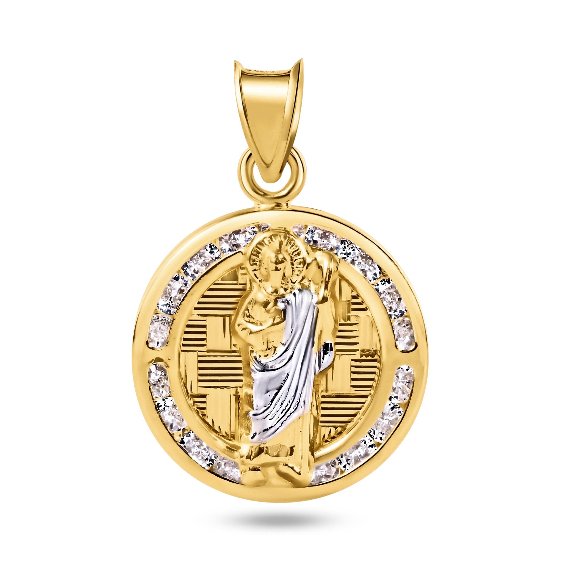 14P00051 - 14 Karat Yellow Gold St Jude Clear CZ Diamond Cut Round Pendant