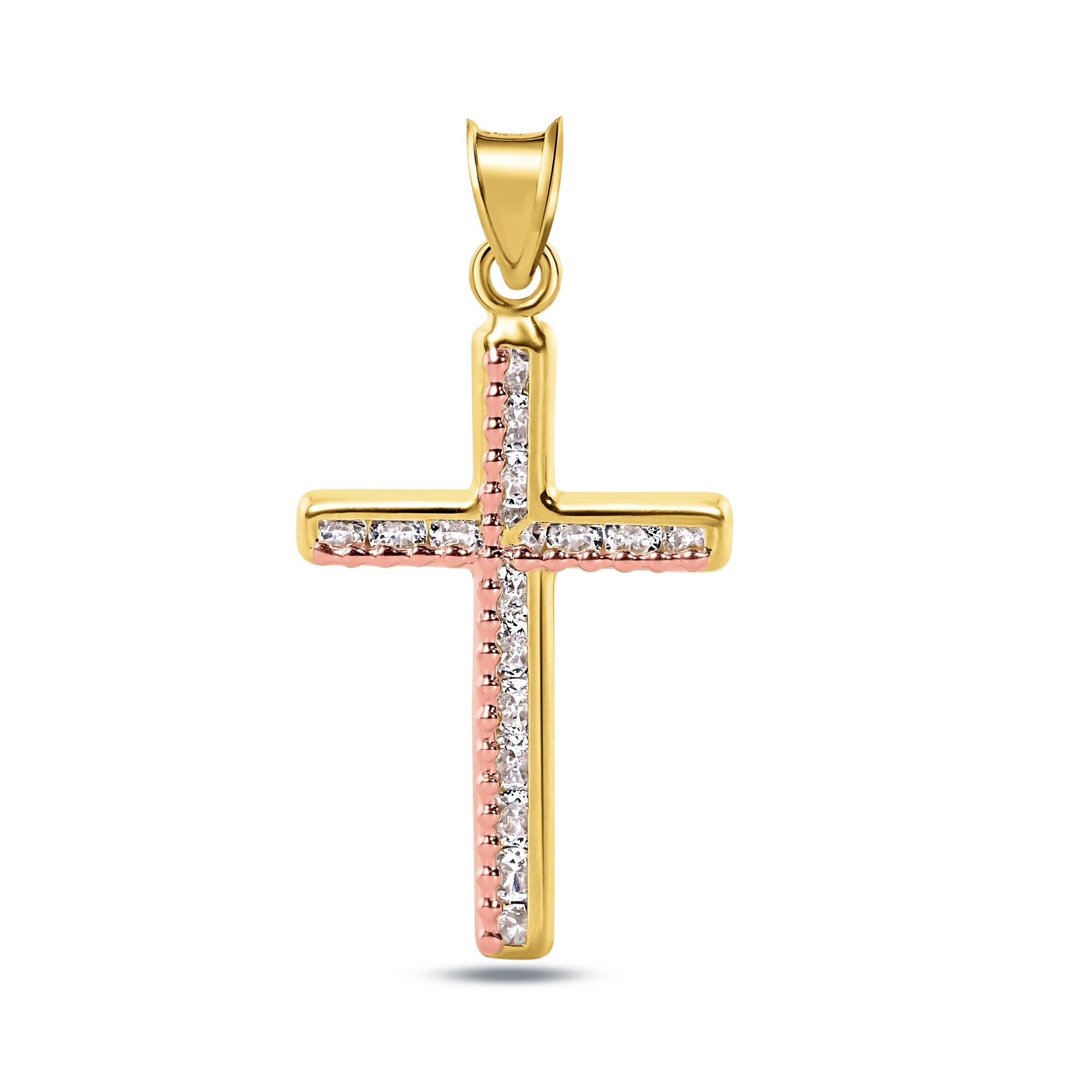 14P00052 - 14 Karat Yellow Gold Beaded Cross  Clear CZ Pendant