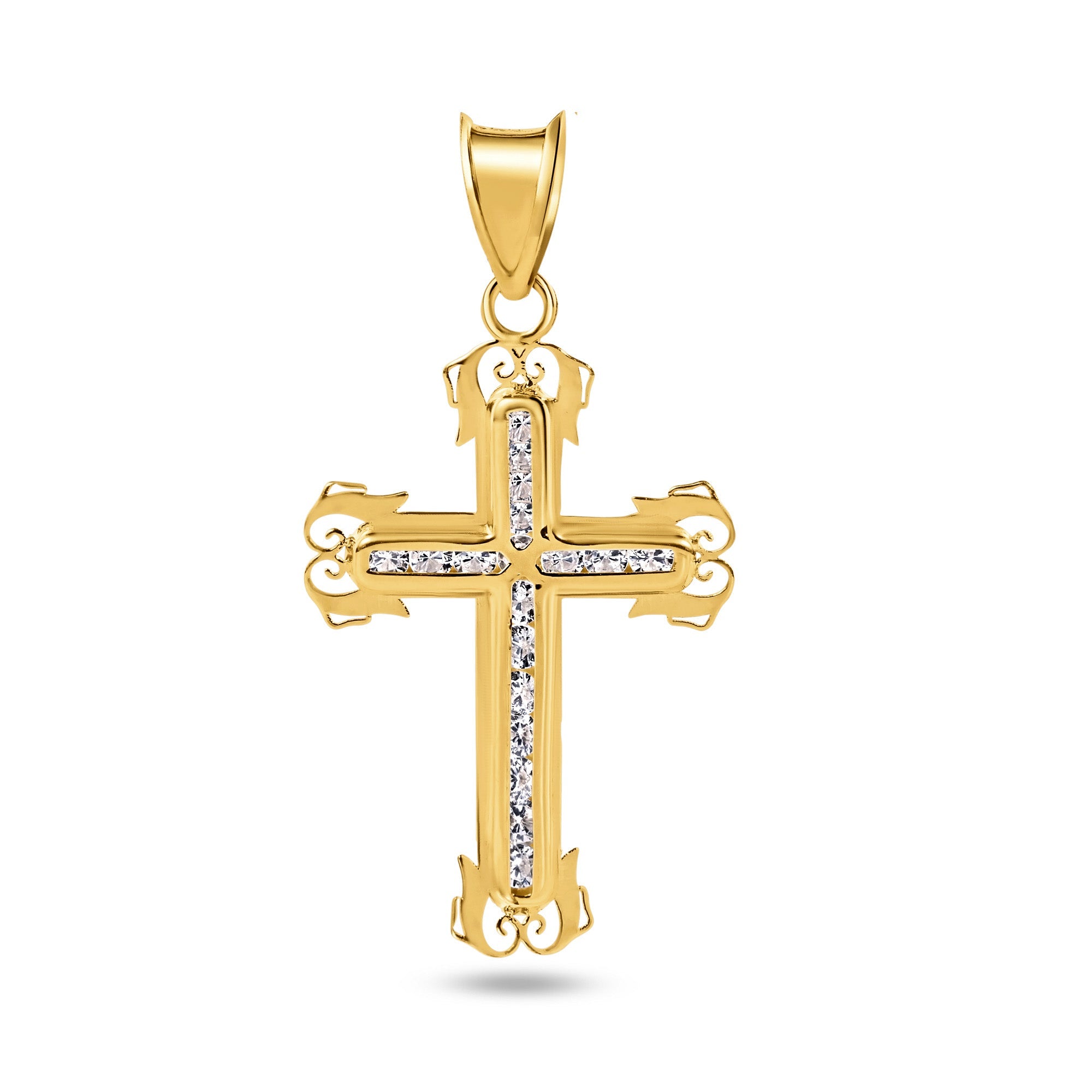 14P00063 - 14 Karat Yellow Gold Beaded Cross Clear CZ Pendant