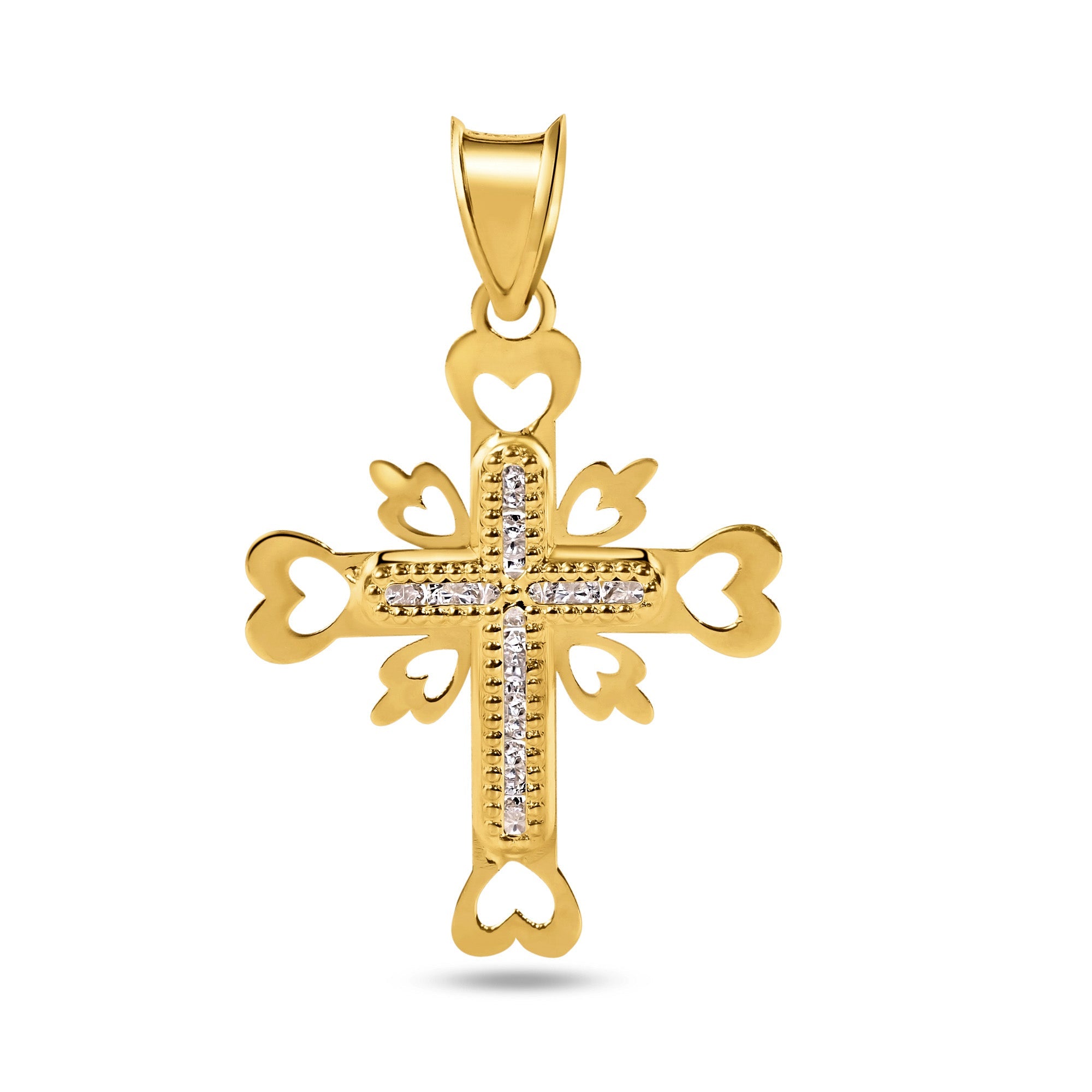 14P00065 - 14 Karat Yellow Gold Beaded Cross Heart Cutout Clear CZ Pendant