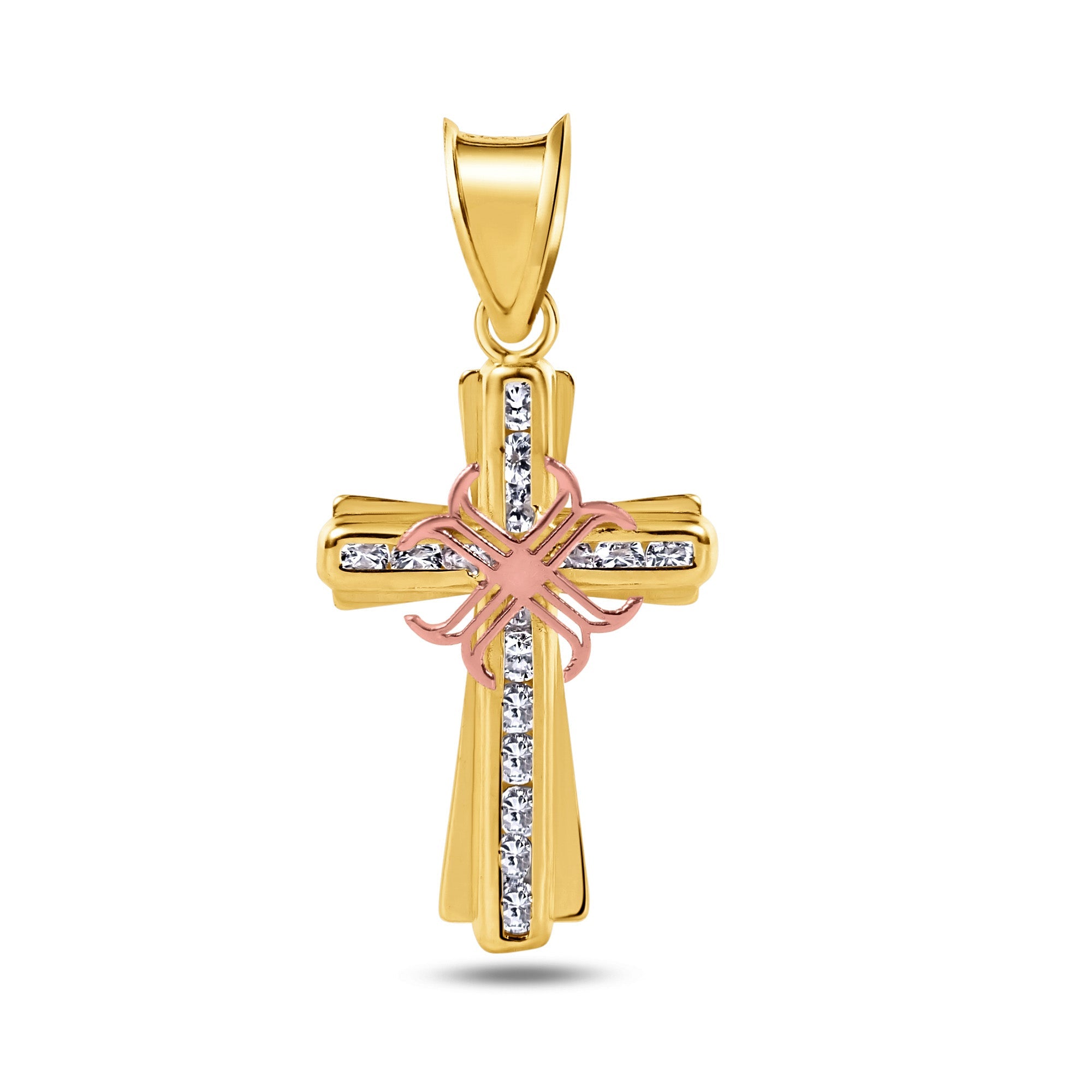 14P00071 - 14 Karat Yellow Gold Cross Two Tone Clear CZ Pendant