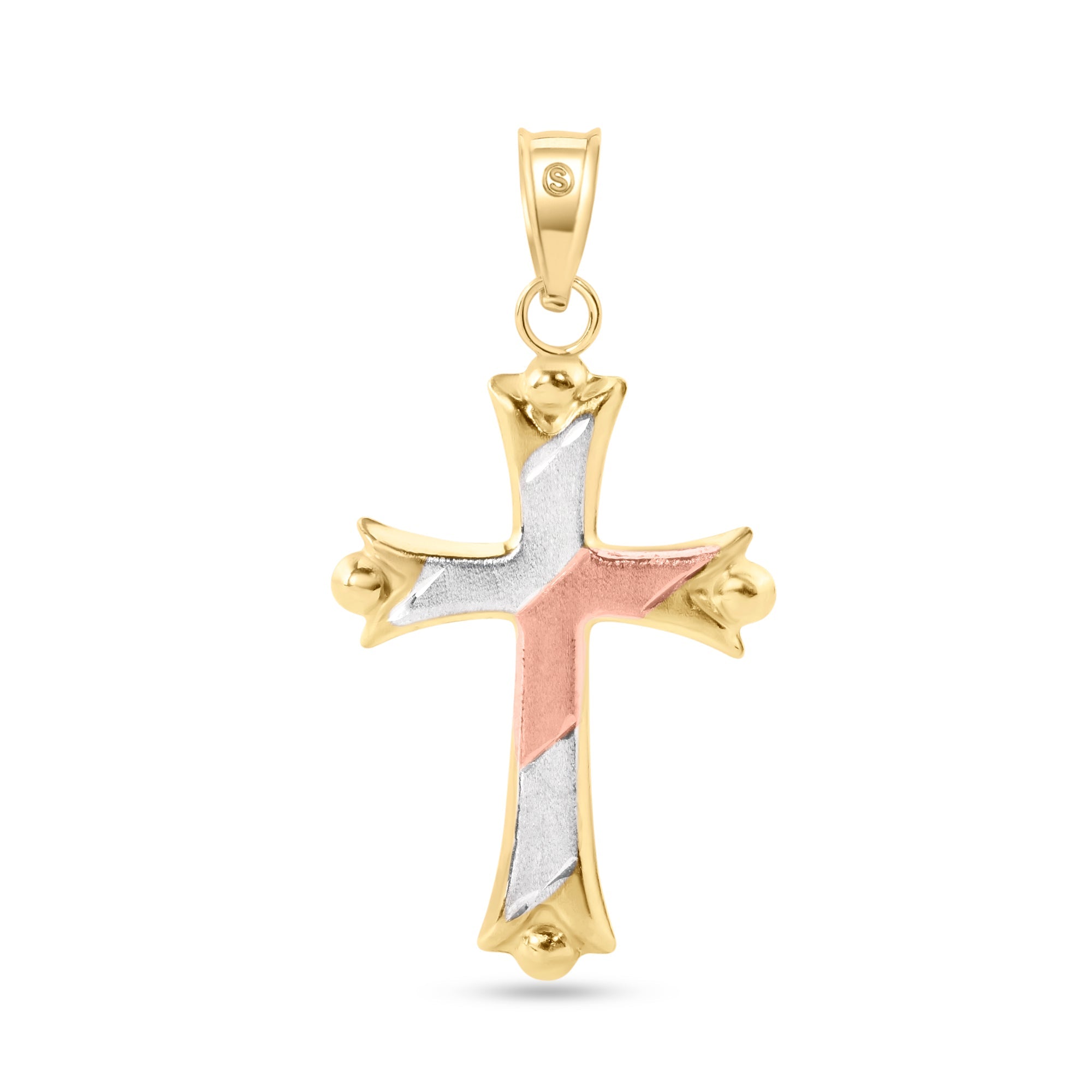 14P00077. - 14 Karat Yellow Gold Tri Color 2-Sided Patterned Hollow Tube Cross Pendant