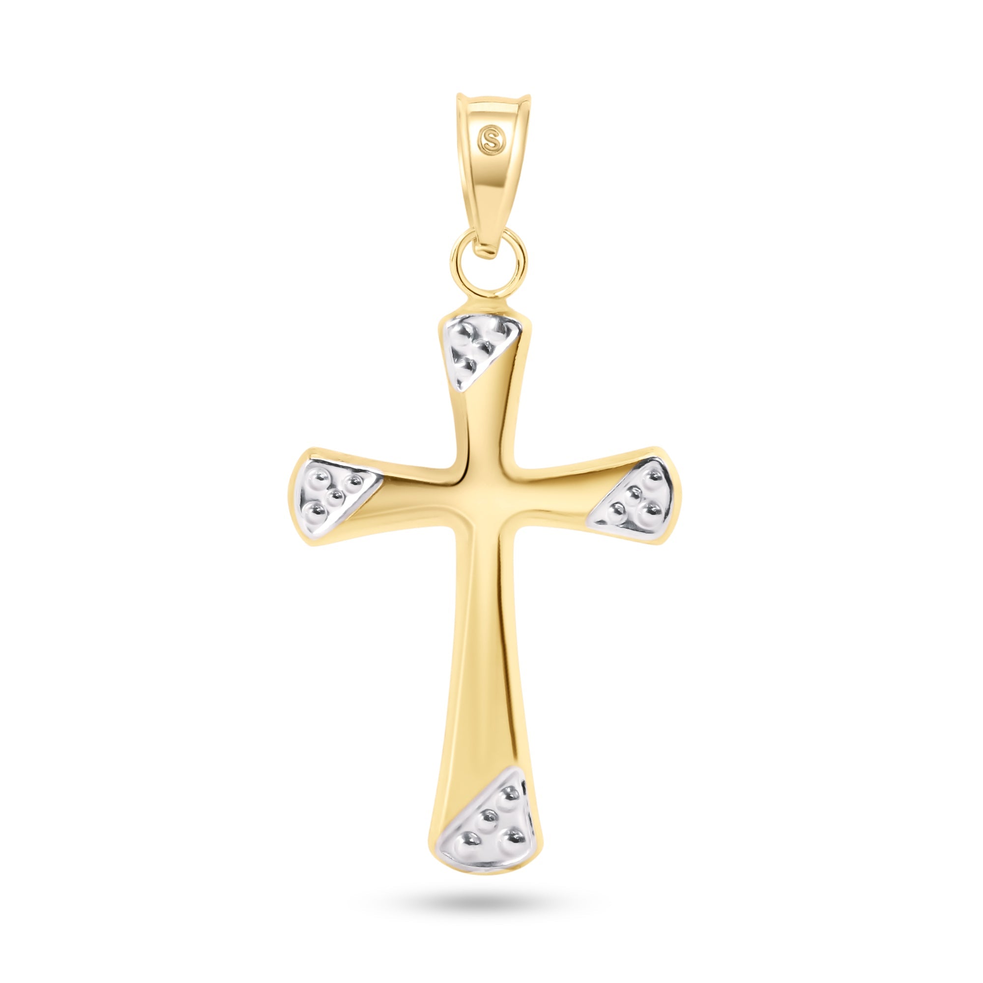 14P00080. - 14 Karat Yellow Gold 2 Sided White Gold Beaded Edge Hollow Tube Cross Pendant