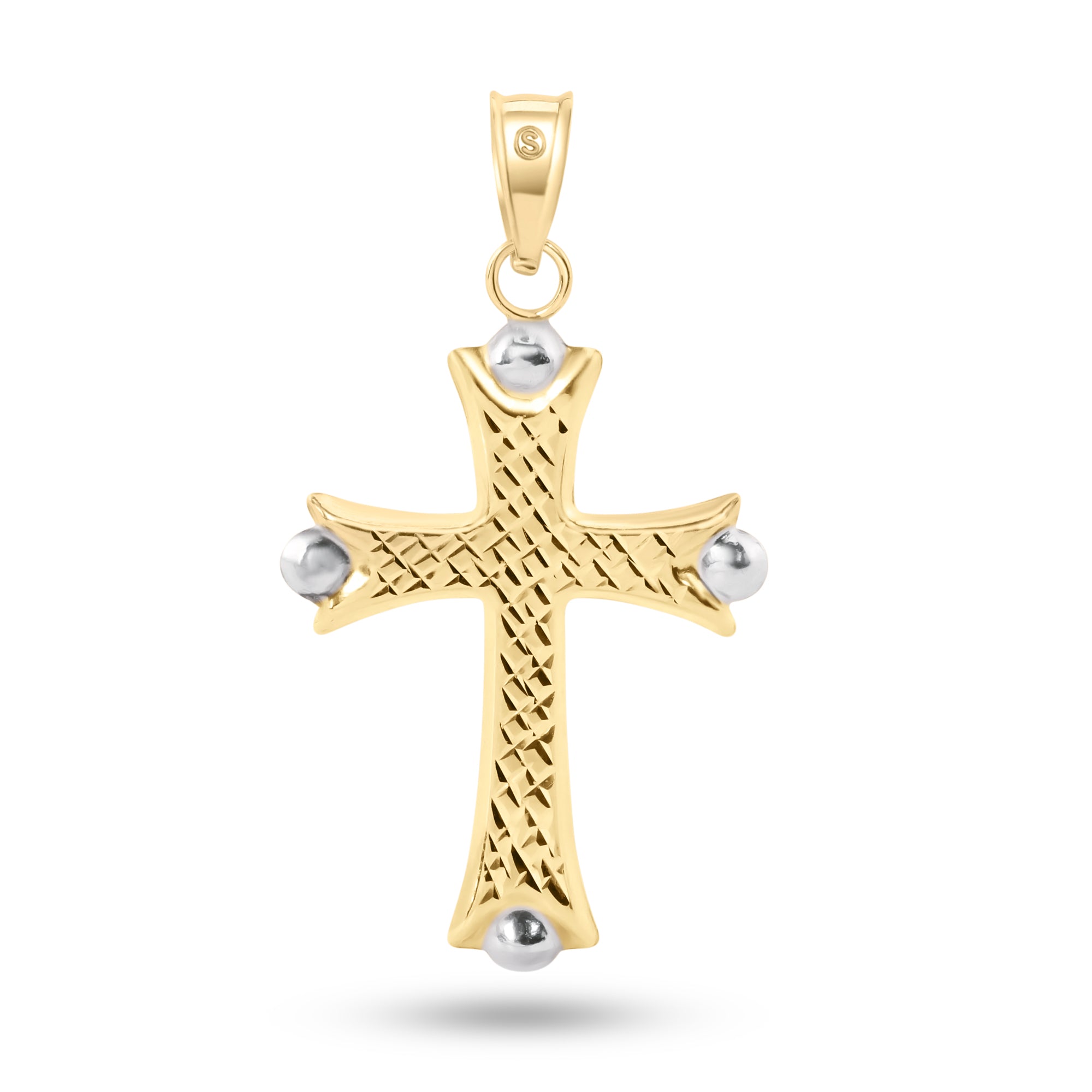 14P00085. - 14 Karat Yellow Gold 2 Sided Patterned White Gold Bead Edge Hollow Tube Cross Pendant