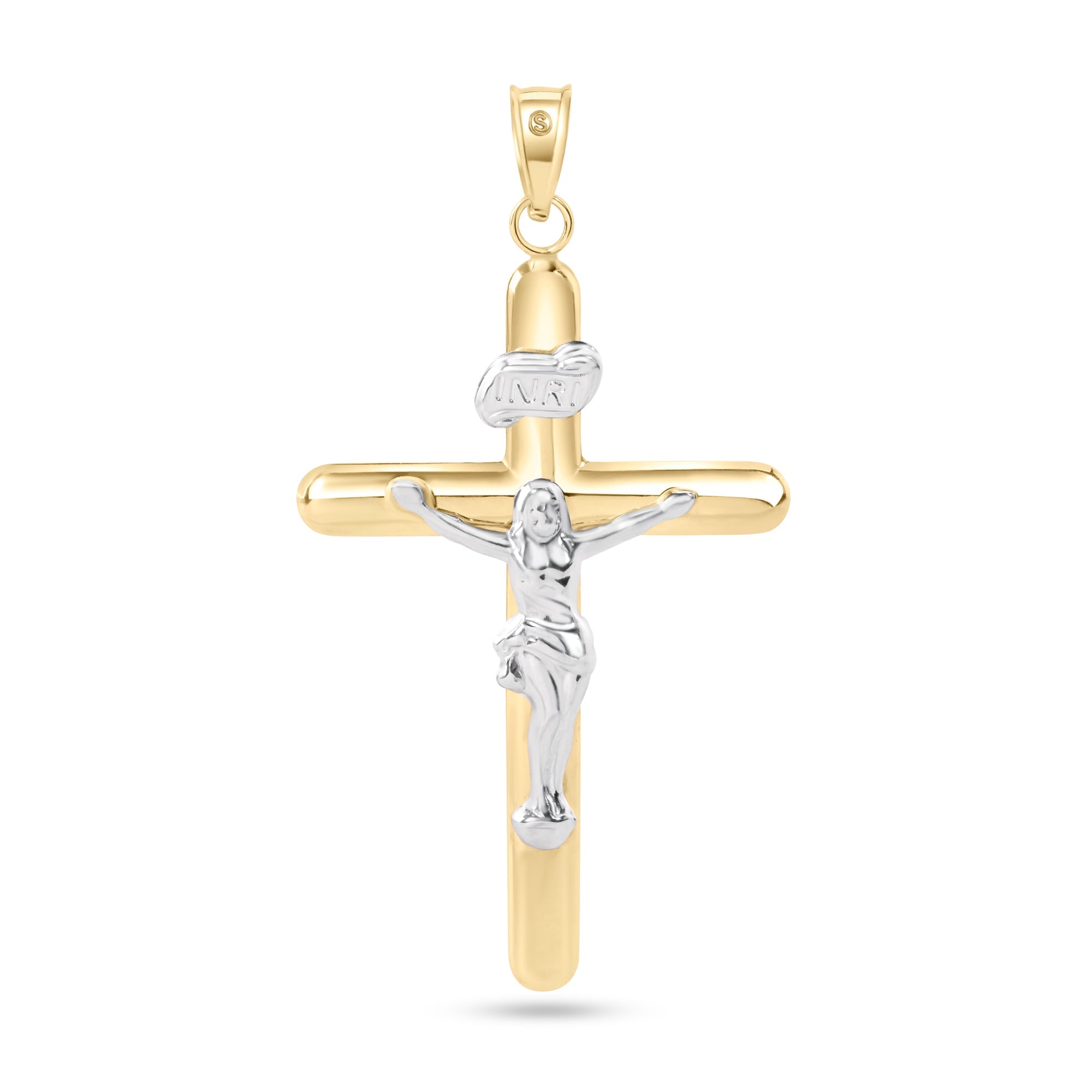 14P00087. - 14 Karat Yellow Gold 2 Tone Plain Jesus Hollow Tube Cross Pendant