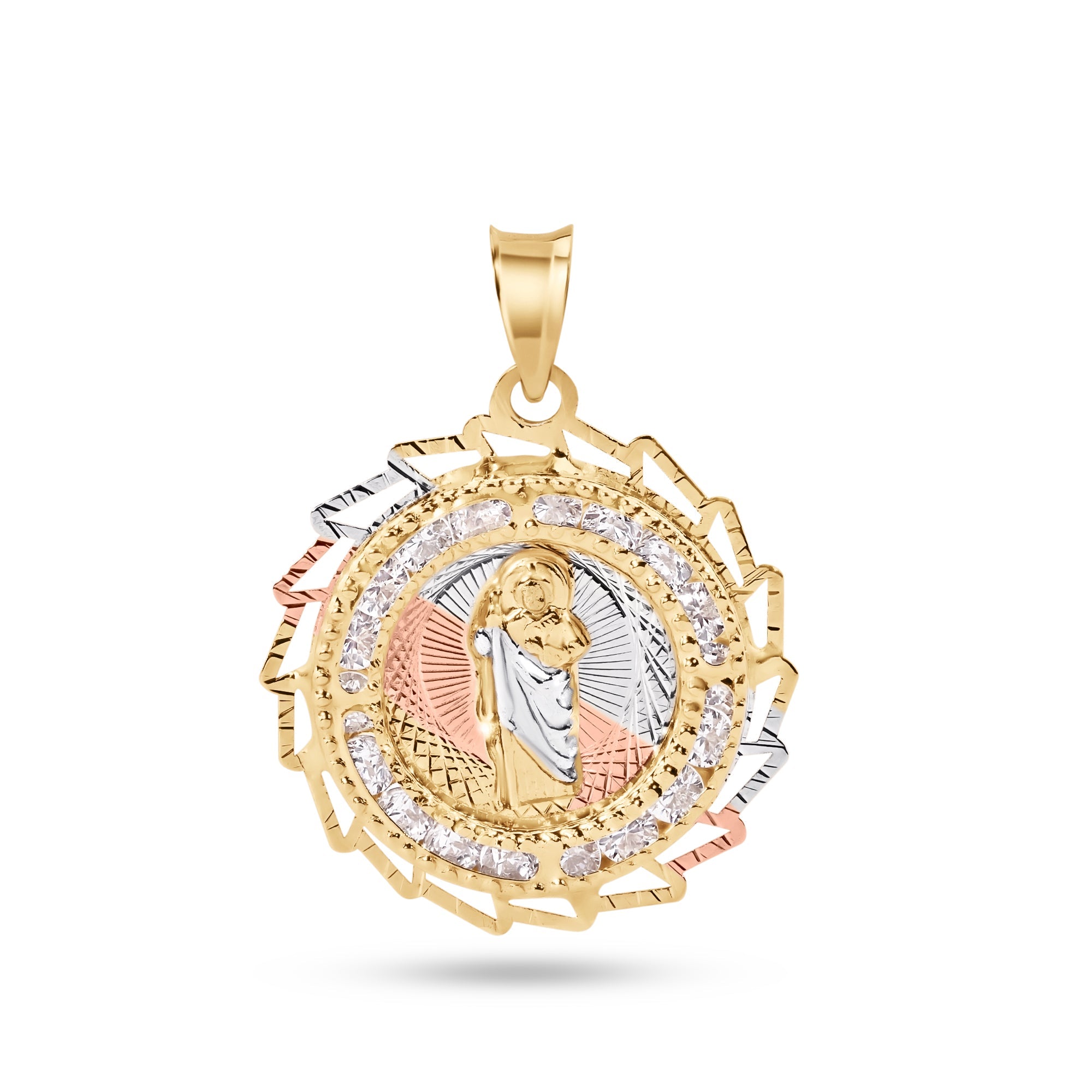 14P00091. - 14 Karat Yellow Gold 2 Tone 20mm Diamond Cut Sharp Edge Bezel Saint Jude Clear CZ Pendant