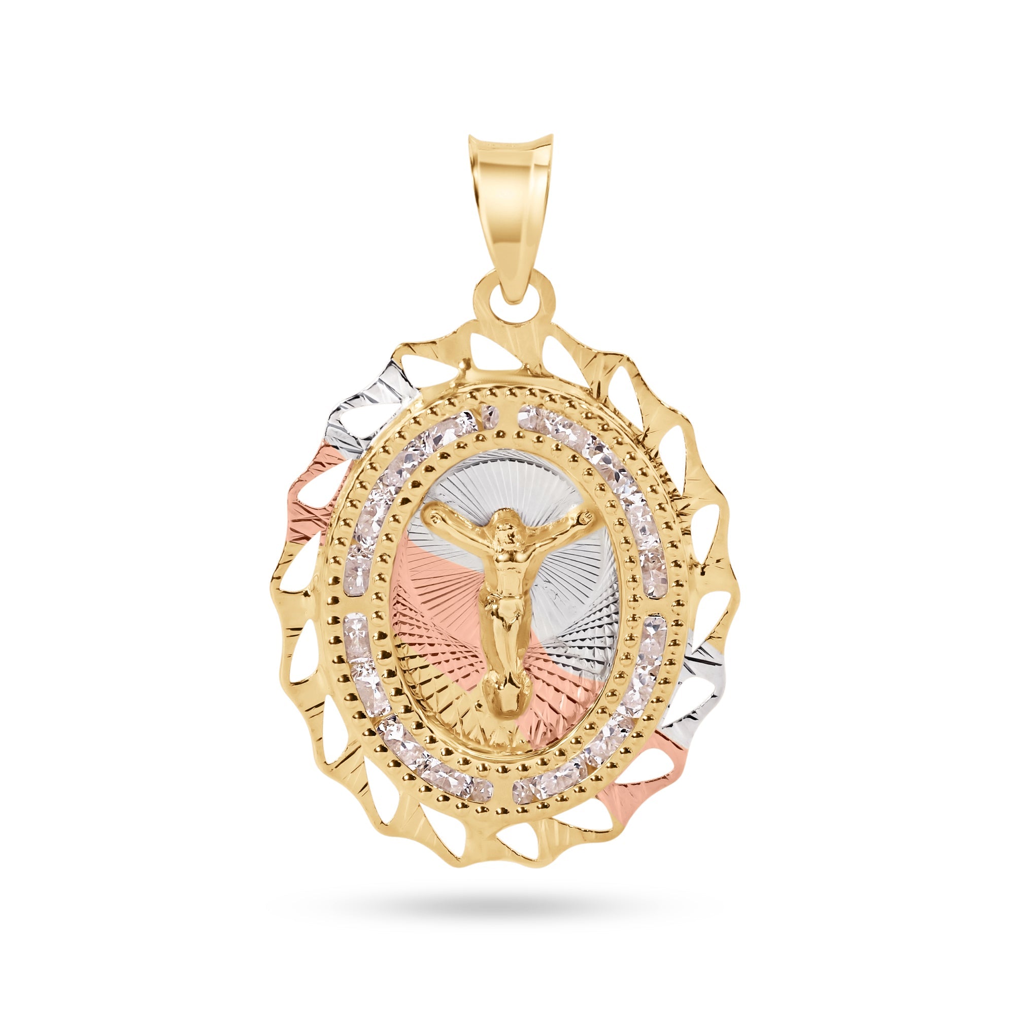 14P00094. - 14 Karat Yellow Gold 2 Tone 20mm Diamond Cut Oval Bezel Jesus Christ Clear CZ Pendant