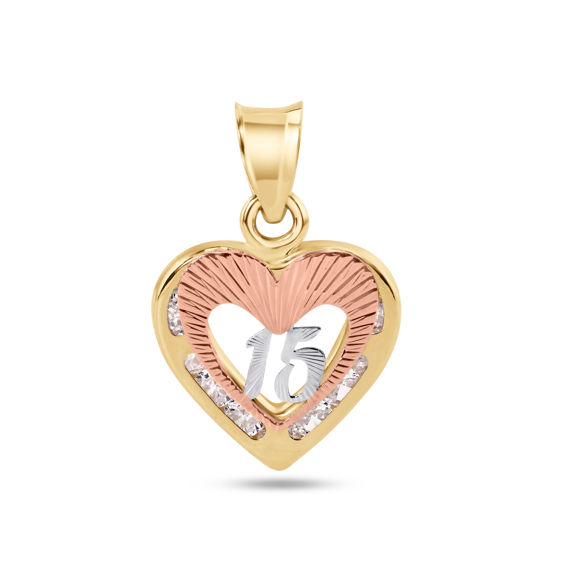 14P00115. - 14 Karat Yellow Gold Heart 2 Tone QuinceaÔøΩÔøΩera 15 Anos Diamond Cut Clear CZ Pendant