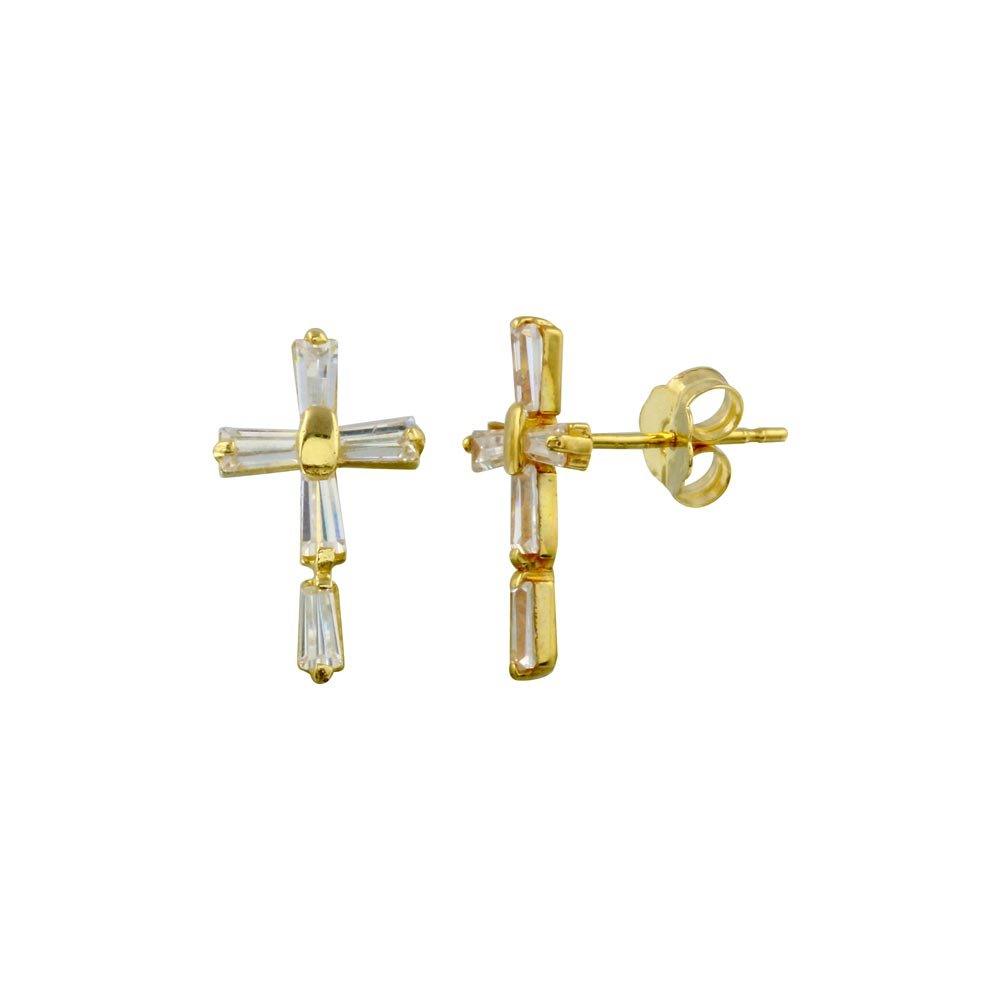 14E00034. - 14 Karat Yellow Gold Cross Baguette Stud Earring