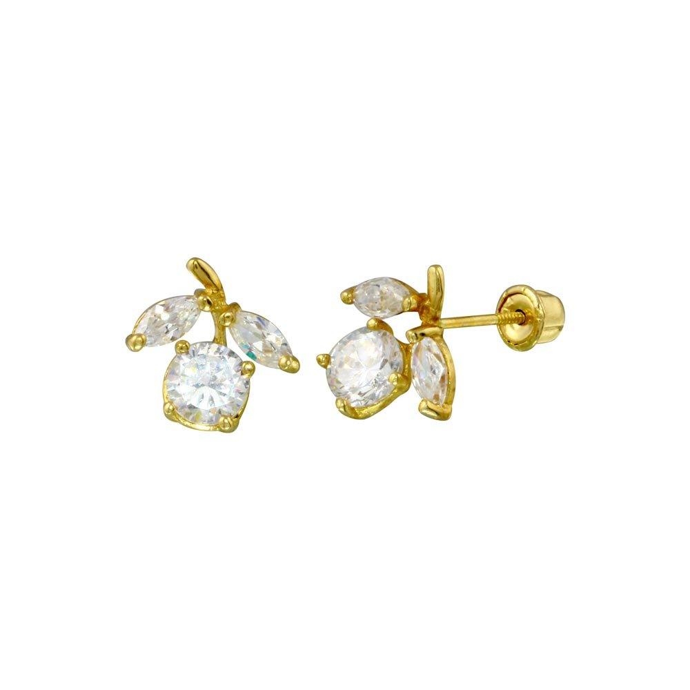 14E00037. - 14 Karat Yellow Gold Flower Clear CZ Screw Back Stud Earring