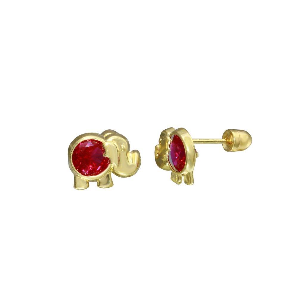 14E00047. - 14 Karat Yellow Gold Elephant Red CZ Screw Back Stud Earring