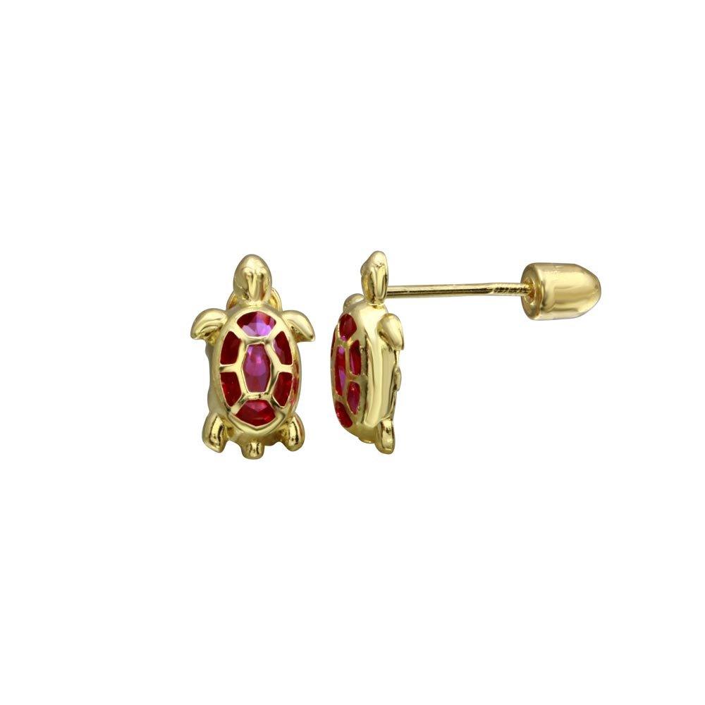 14E00049. - 14 Karat Yellow Gold Turtle Red CZ Screw Back Stud Earring