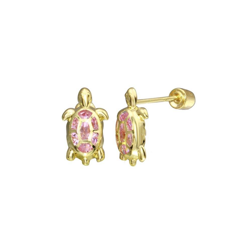 14E00050. - 14 Karat Yellow Gold Turtle PINK CZ Screw Back Stud Earring