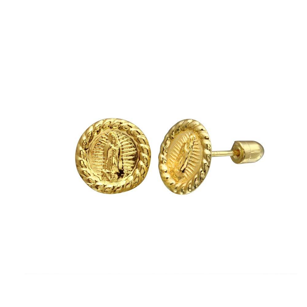 14E00053. - 14 Karat Yellow Gold Disc Lady Guadalupe Screw Back Stud Earring