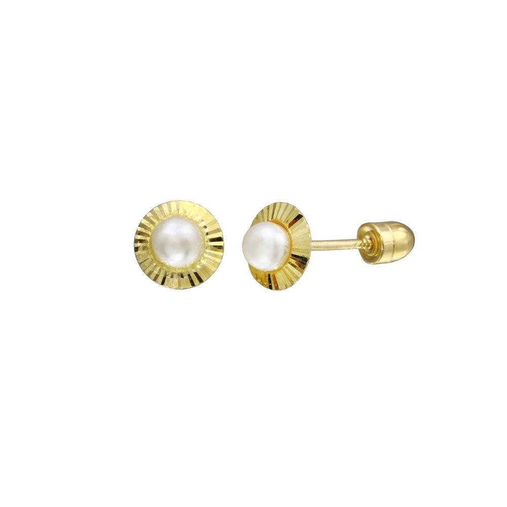 14E00054. - 14 Karat Yellow Gold 2.8mm Pearl Center Diamond Cut Disc Screw Back Stud Earring