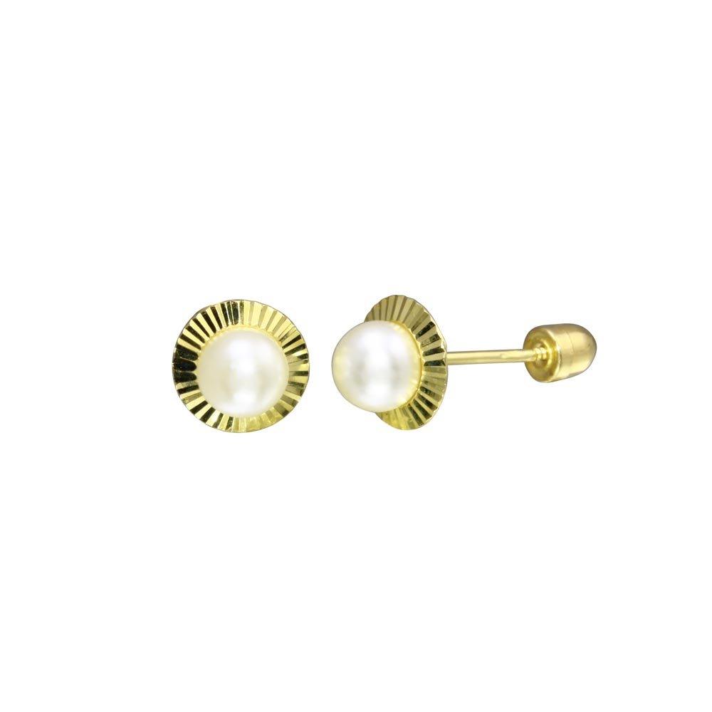 14E00055. - 14 Karat Yellow Gold 4mm Pearl Center Diamond Cut Disc Screw Back Stud Earring