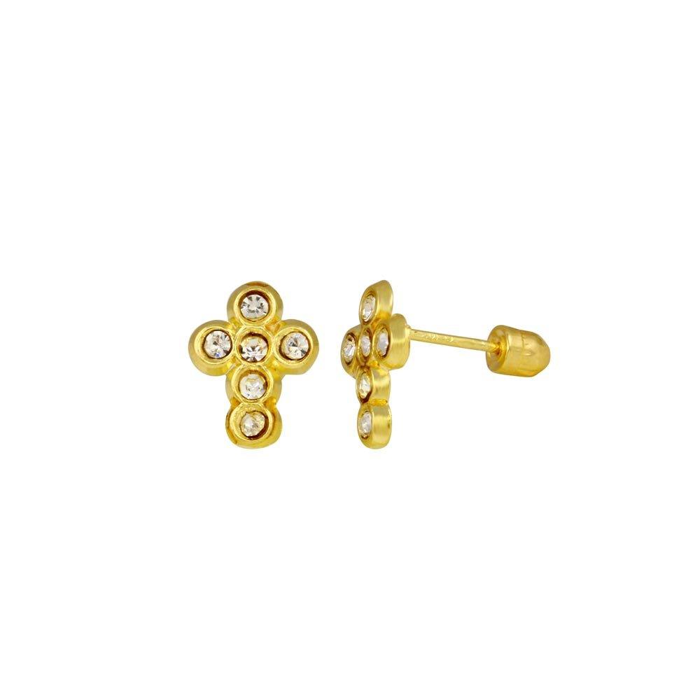 14E00060. - 14 Karat Yellow Gold Cross CZ Screw Back Stud Earring