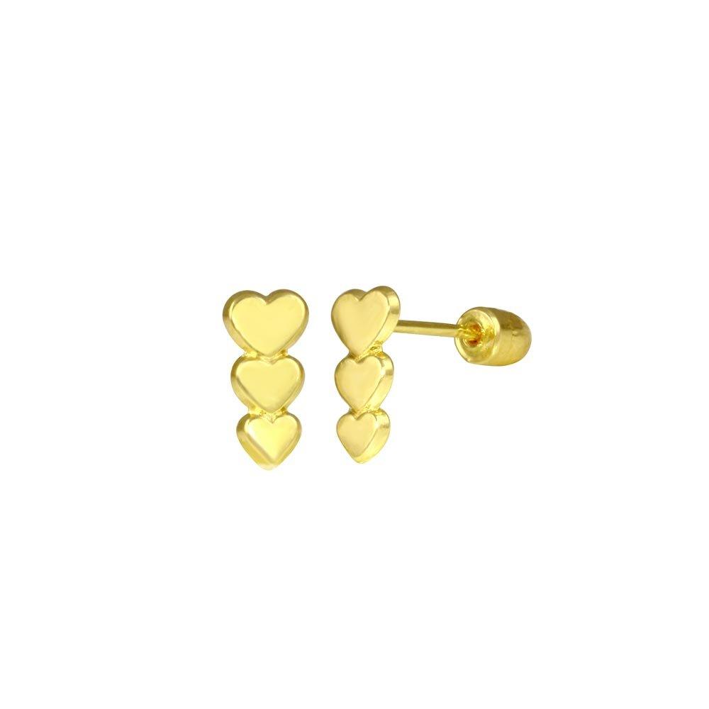 14E00063. - 14 Karat Yellow Gold Three Hearts Screw Back Stud Earring