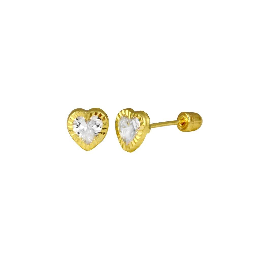 14E00068. - 14 Karat Yellow Gold Heart Clear CZ Screw Back Stud Earring