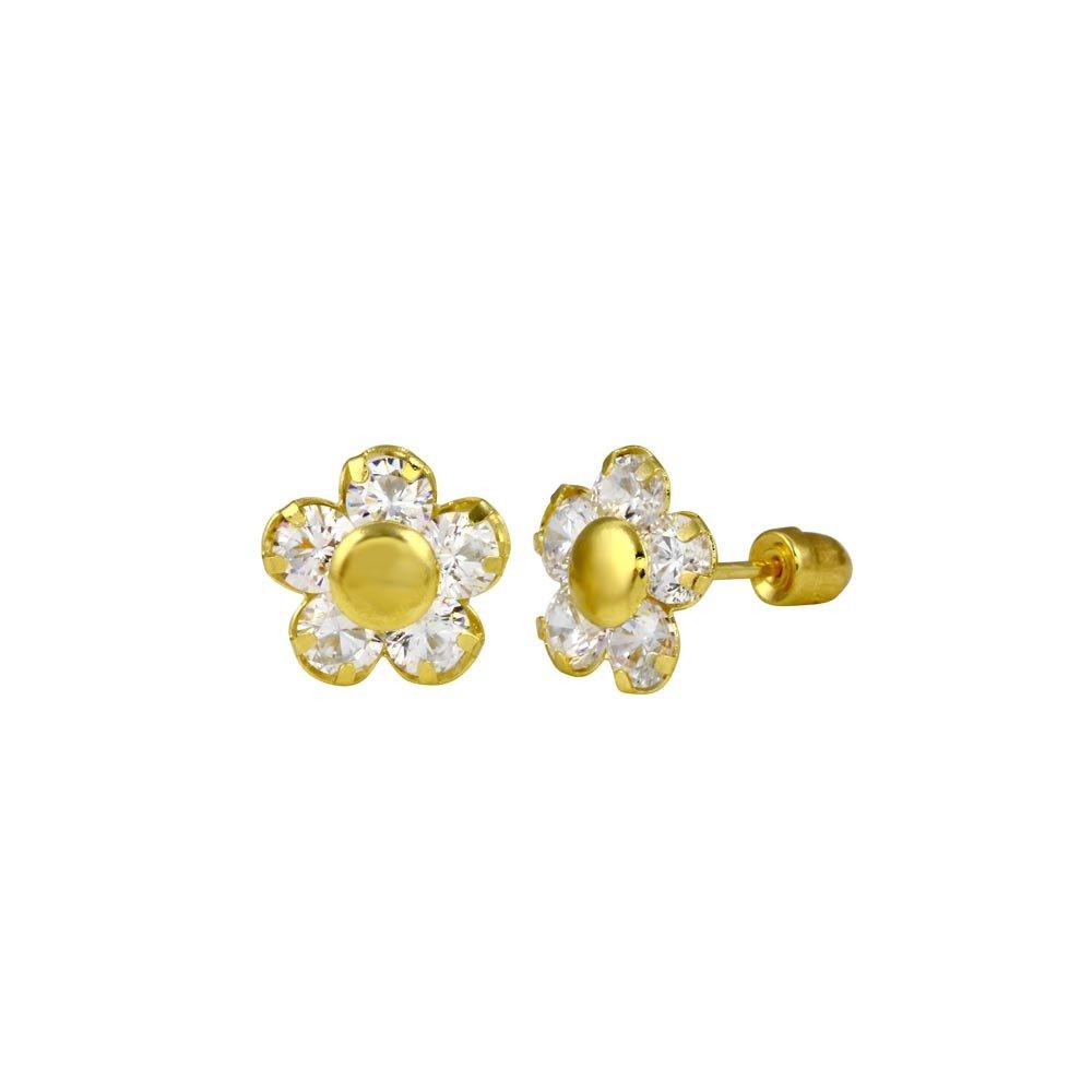 14E00069. - 14 Karat Yellow Gold Sunflower Diamond Cut Clear CZ Screw Back Stud Earring